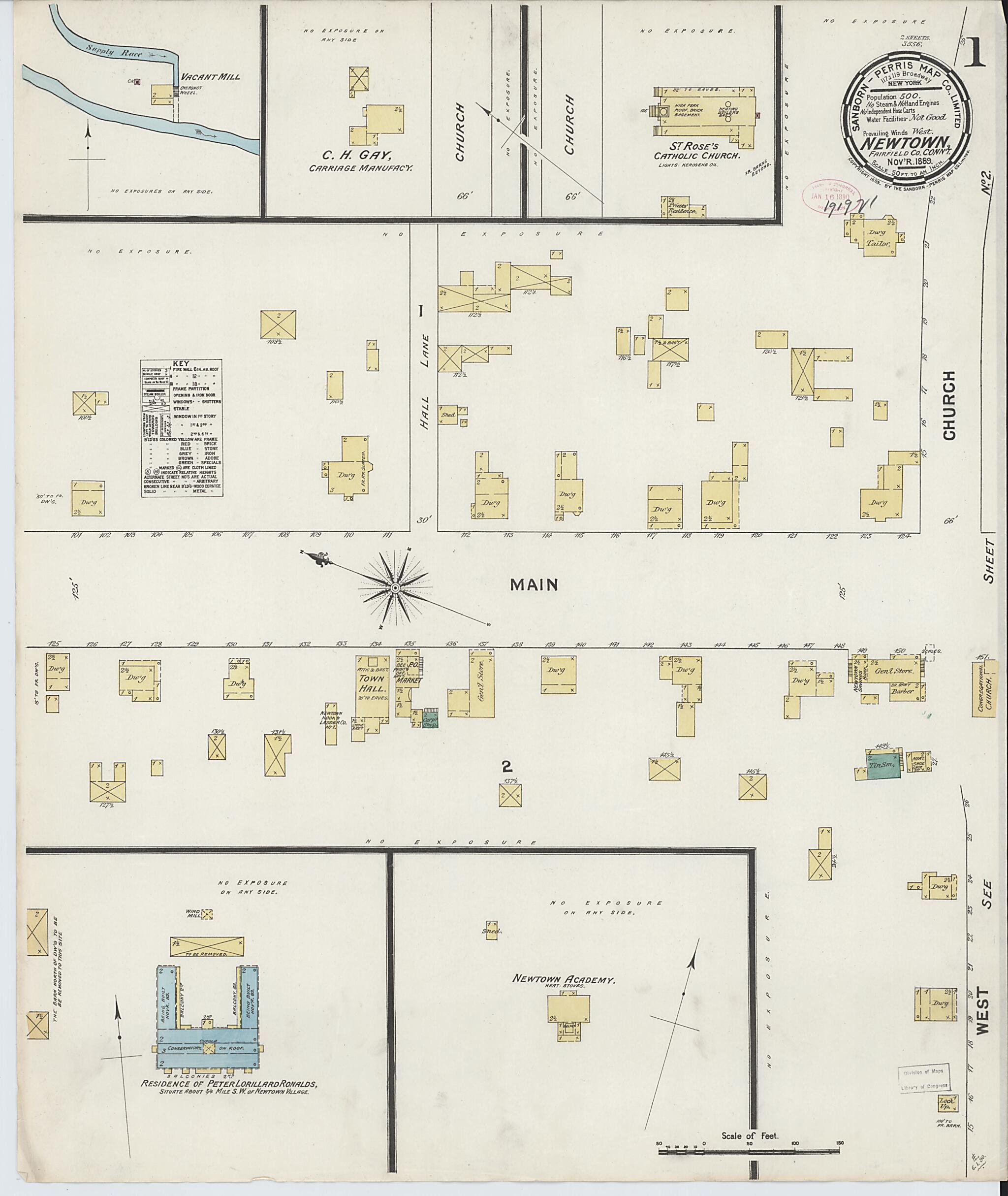 This old map of Newtown, Fairfield County, Connecticut was created by Sanborn Map Company in 1889