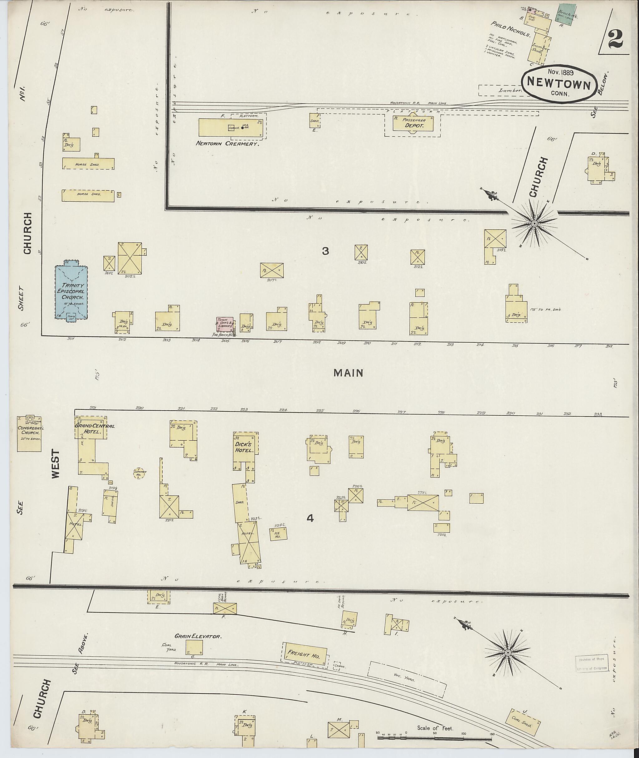 This old map of Newtown, Fairfield County, Connecticut was created by Sanborn Map Company in 1889