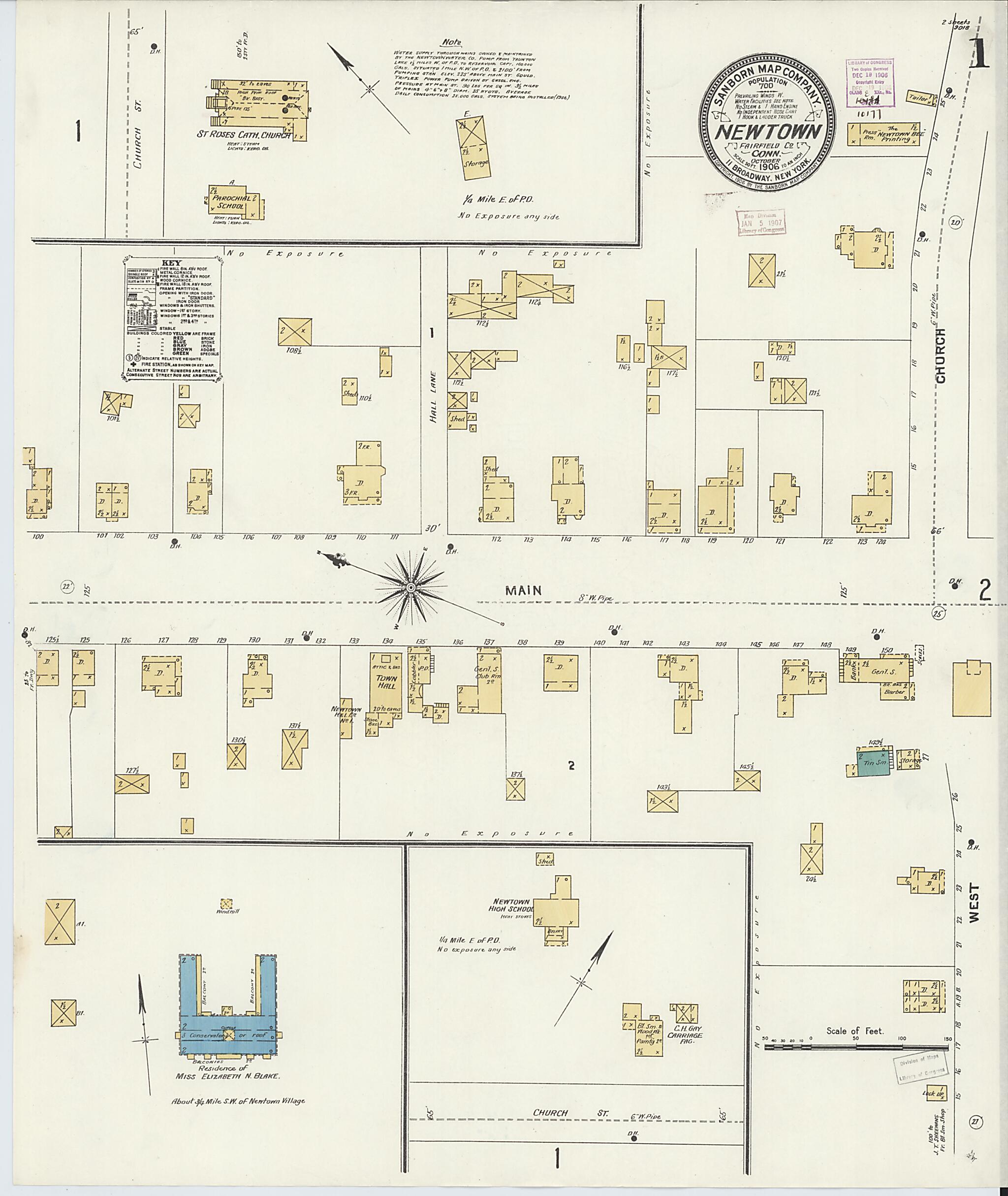 This old map of Newtown, Fairfield County, Connecticut was created by Sanborn Map Company in 1906