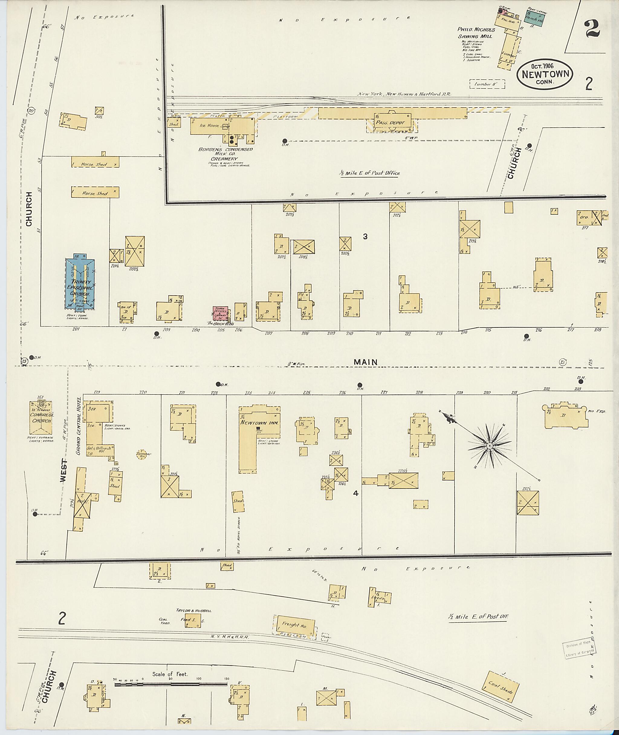 This old map of Newtown, Fairfield County, Connecticut was created by Sanborn Map Company in 1906