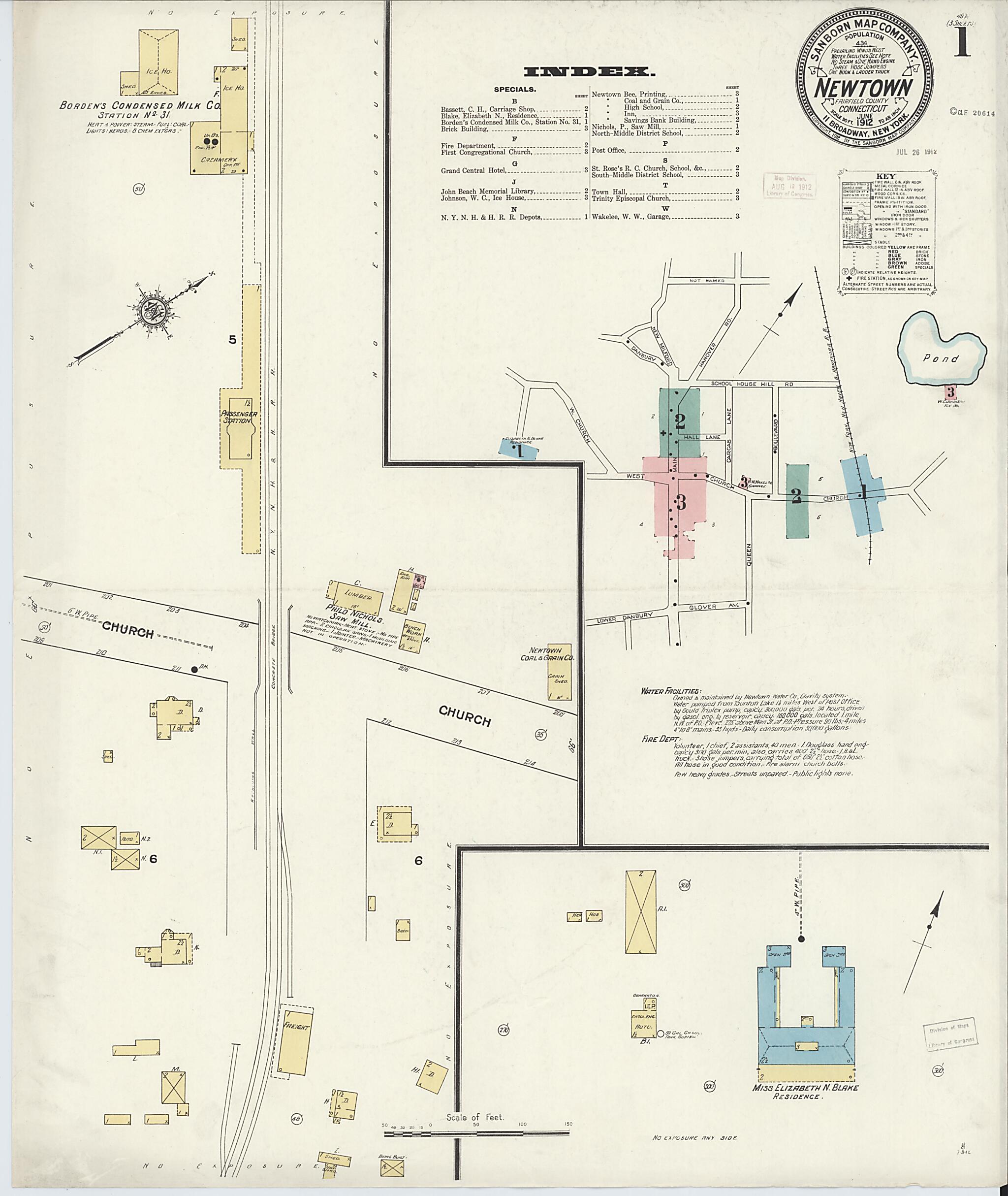 This old map of Newtown, Fairfield County, Connecticut was created by Sanborn Map Company in 1912