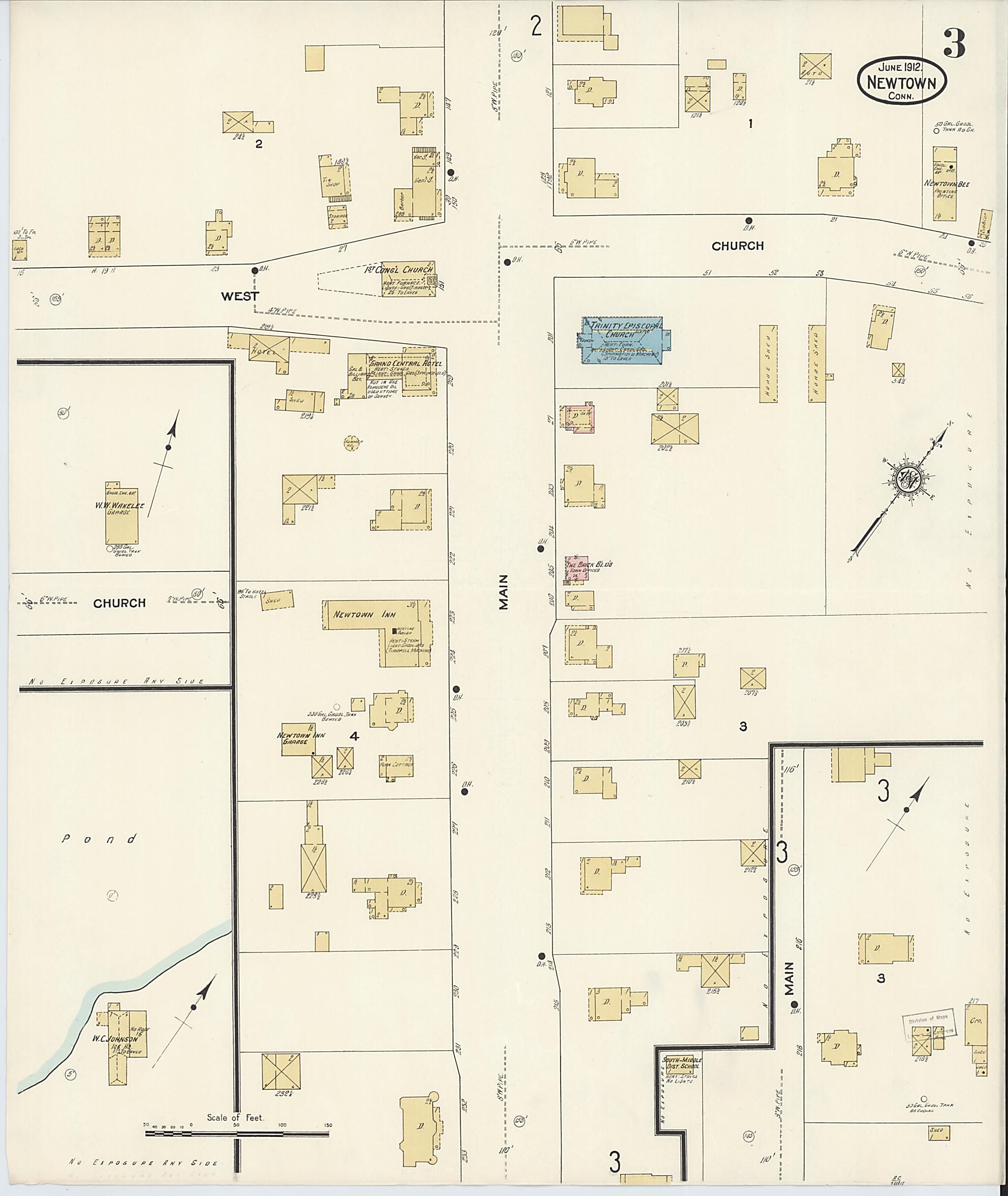 This old map of Newtown, Fairfield County, Connecticut was created by Sanborn Map Company in 1912