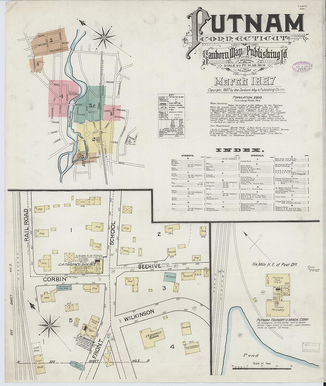 This old map of Putnam, Windham County, Connecticut was created by Sanborn Map Company in 1887
