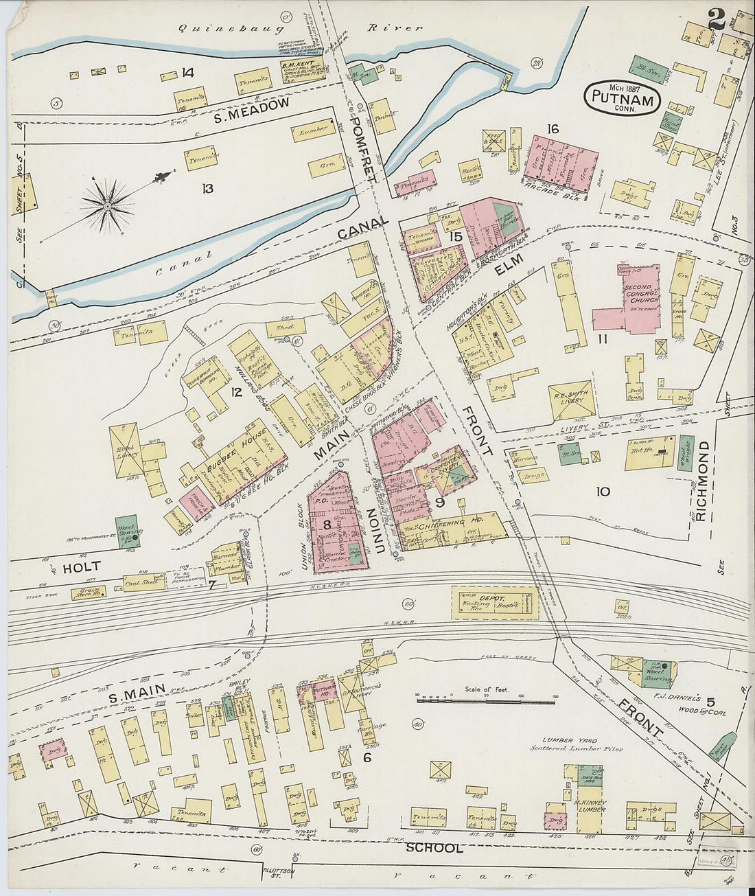 This old map of Putnam, Windham County, Connecticut was created by Sanborn Map Company in 1887