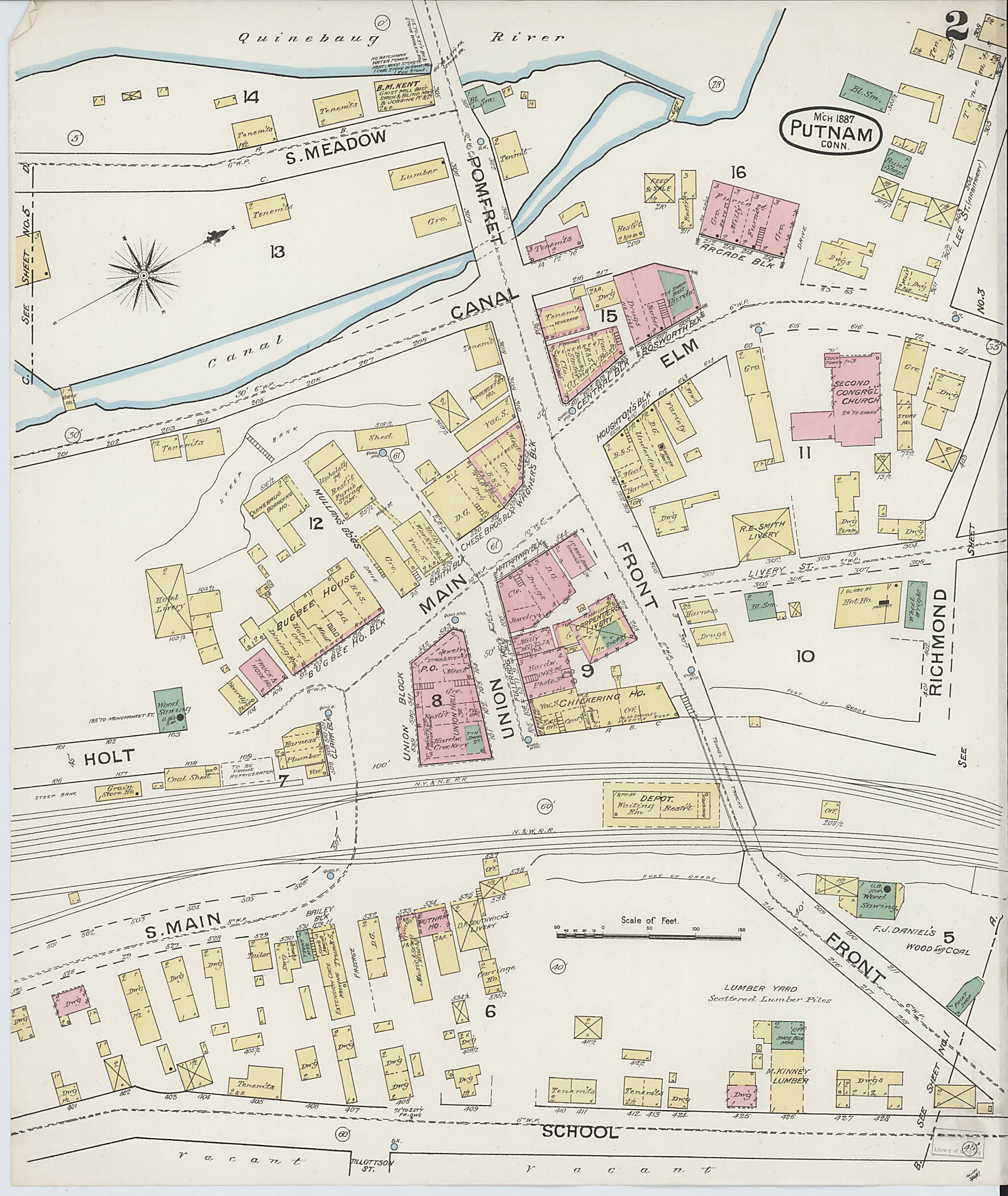 This old map of Putnam, Windham County, Connecticut was created by Sanborn Map Company in 1887