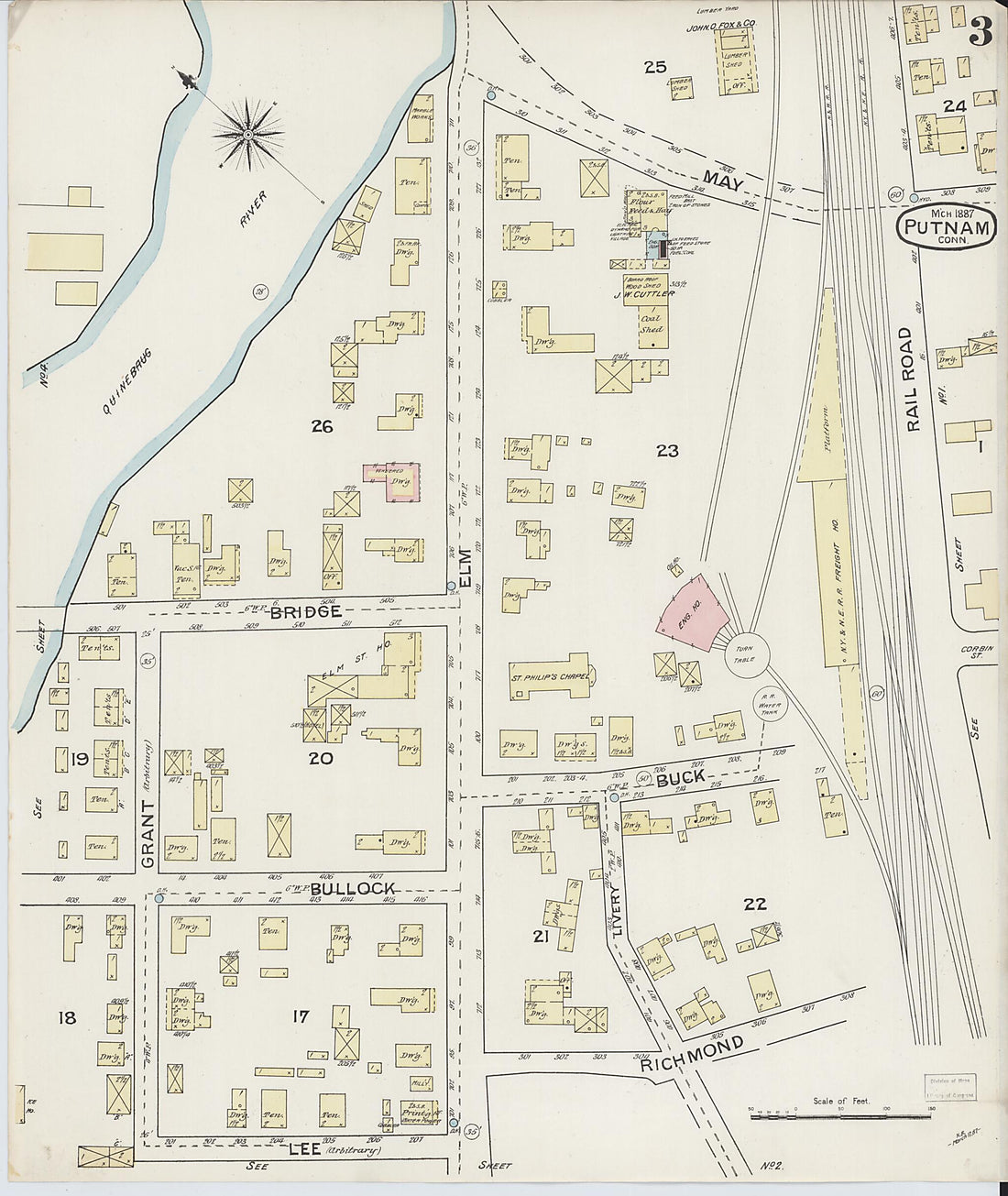 This old map of Putnam, Windham County, Connecticut was created by Sanborn Map Company in 1887