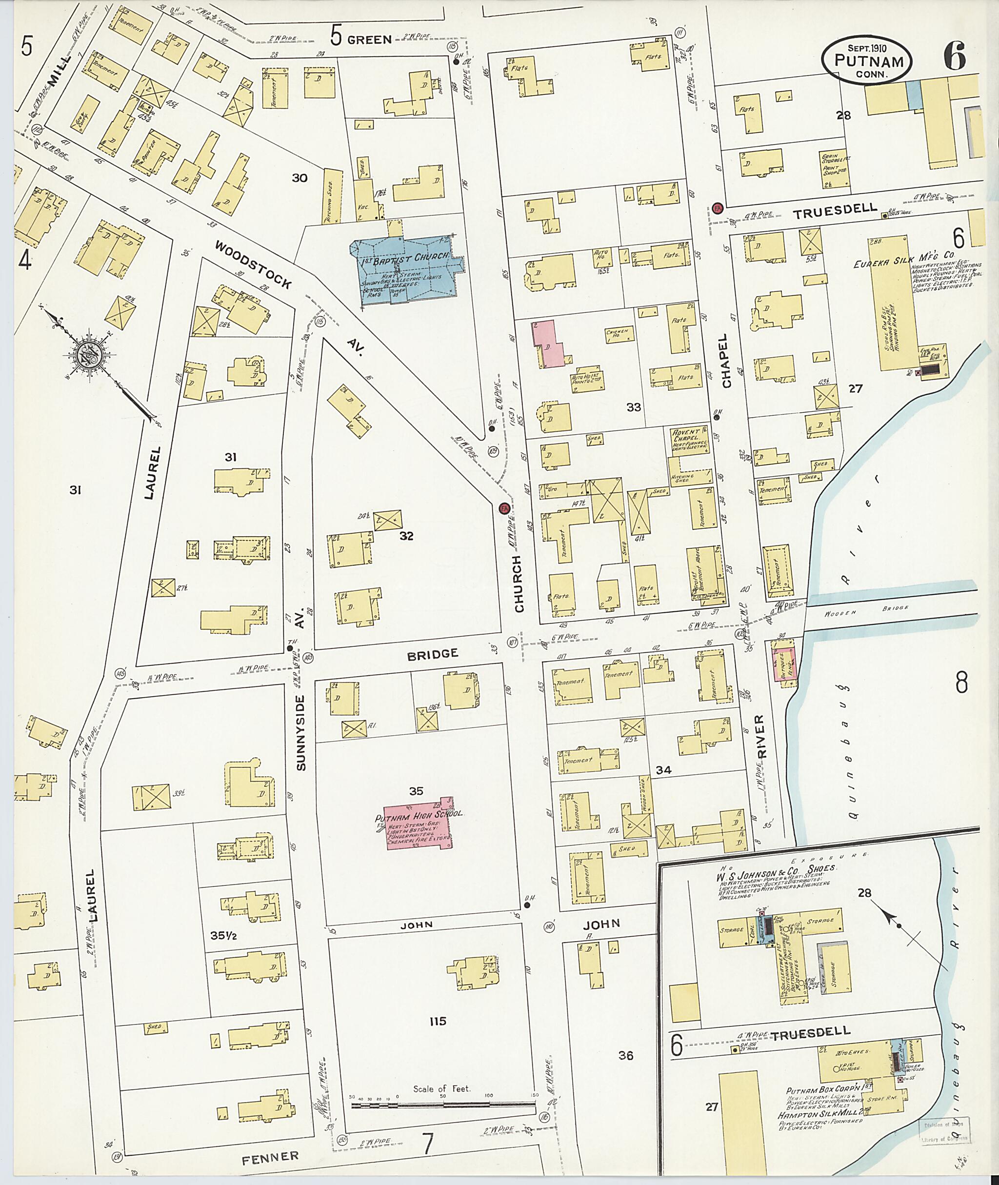 This old map of Putnam, Windham County, Connecticut was created by Sanborn Map Company in 1910