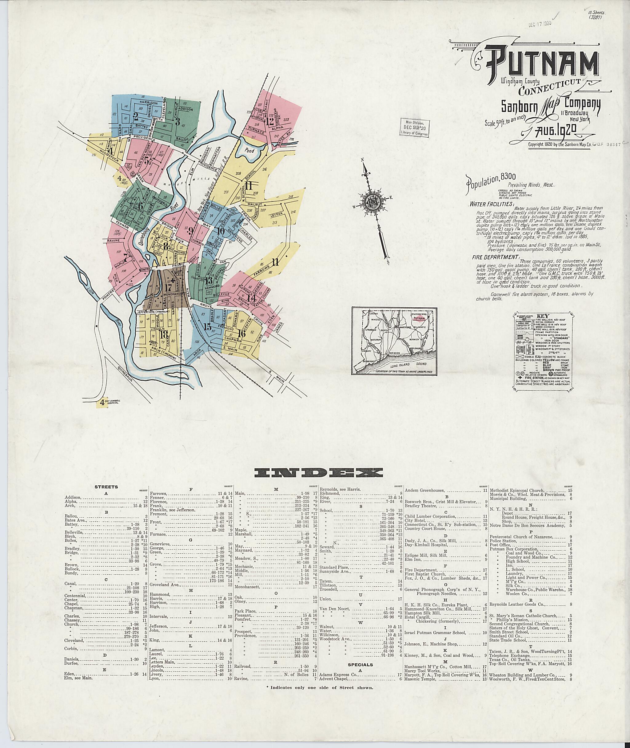 This old map of Putnam, Windham County, Connecticut was created by Sanborn Map Company in 1920
