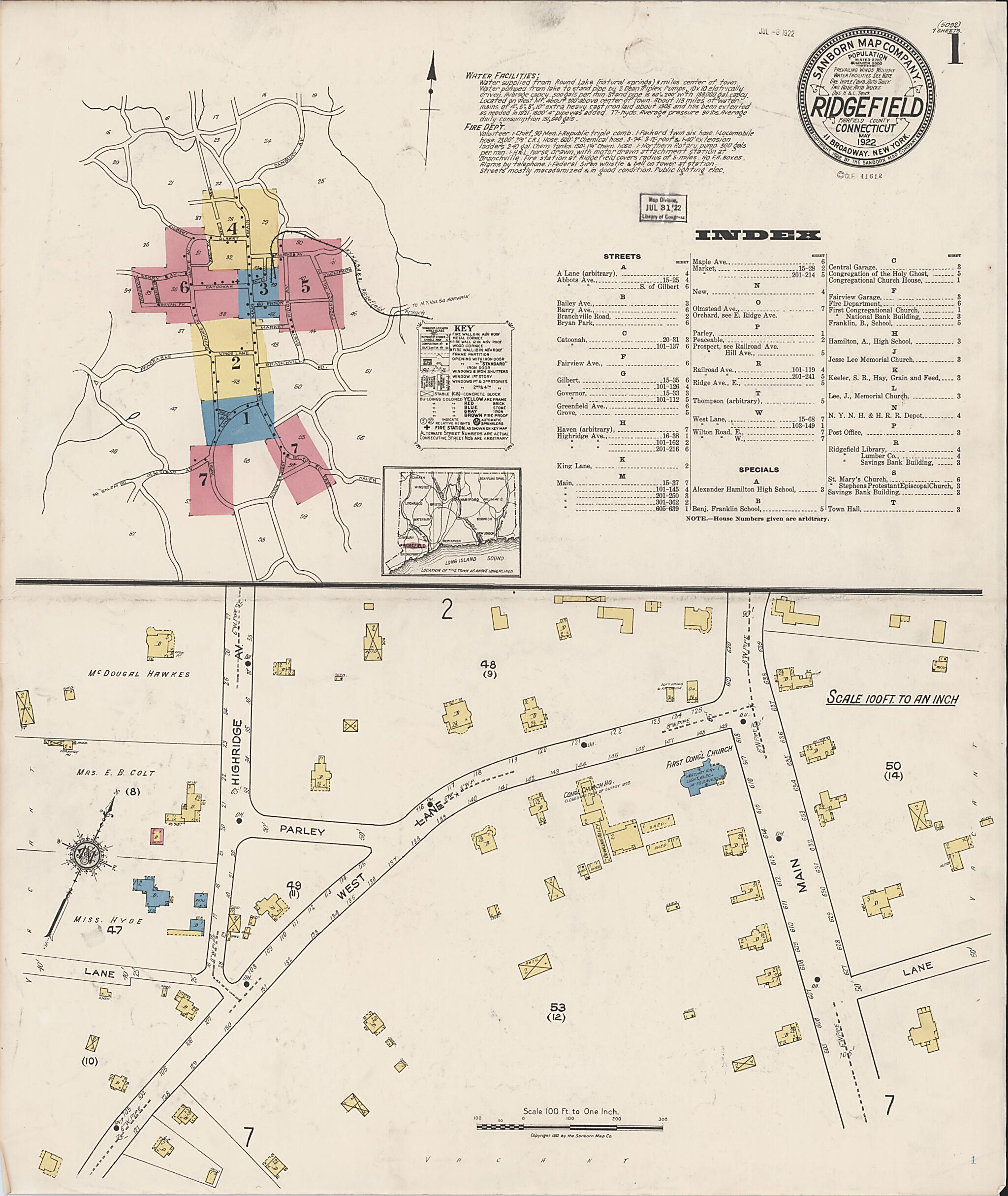 This old map of Ridgefield, Fairfield County, Connecticut was created by Sanborn Map Company in 1922
