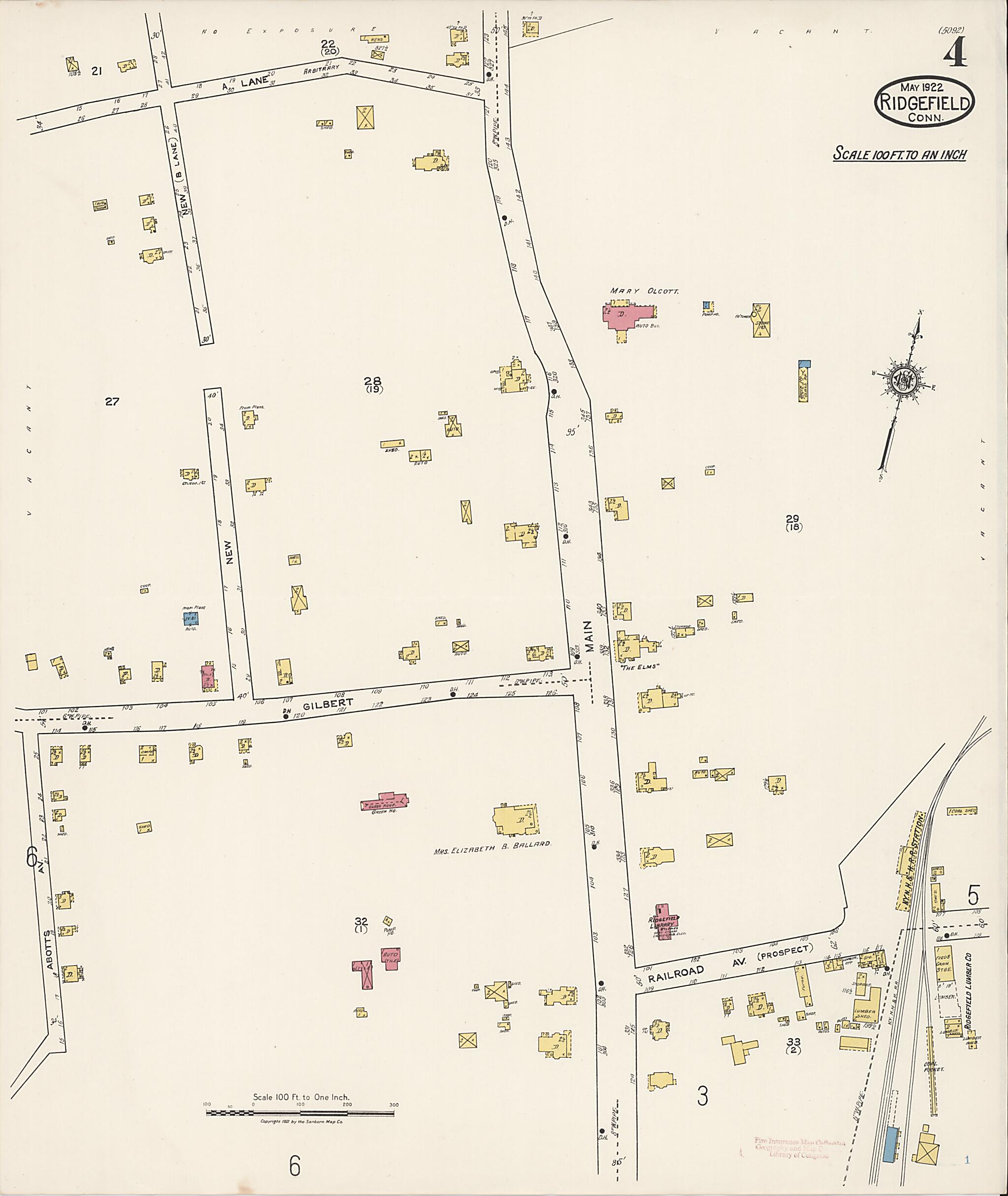 This old map of Ridgefield, Fairfield County, Connecticut was created by Sanborn Map Company in 1922