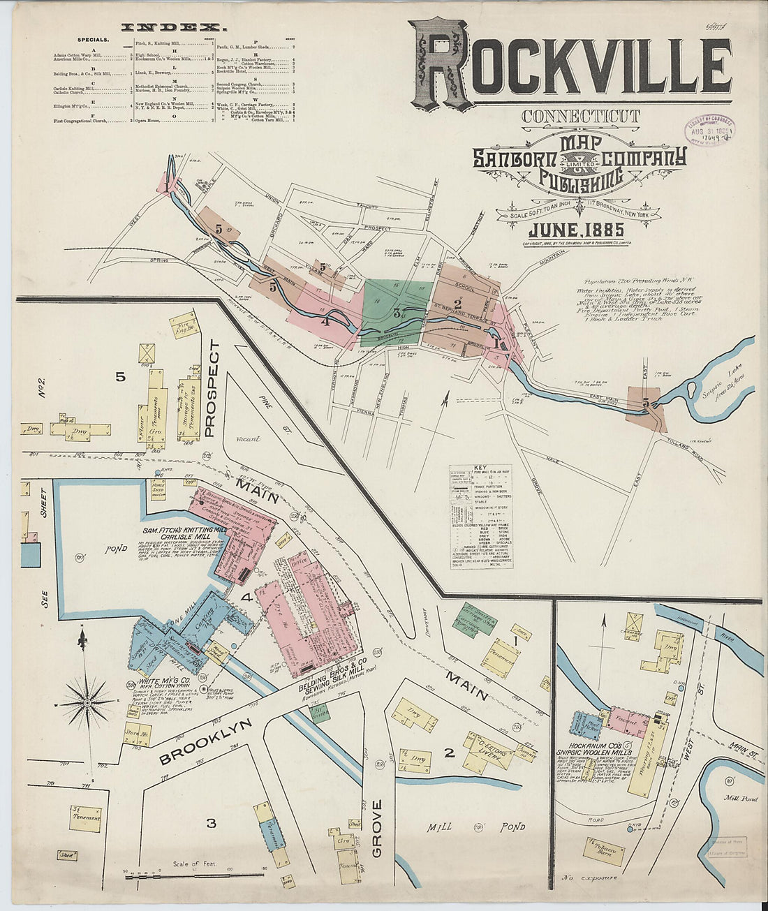 This old map of Rockville, Tolland County, Connecticut was created by Sanborn Map Company in 1885
