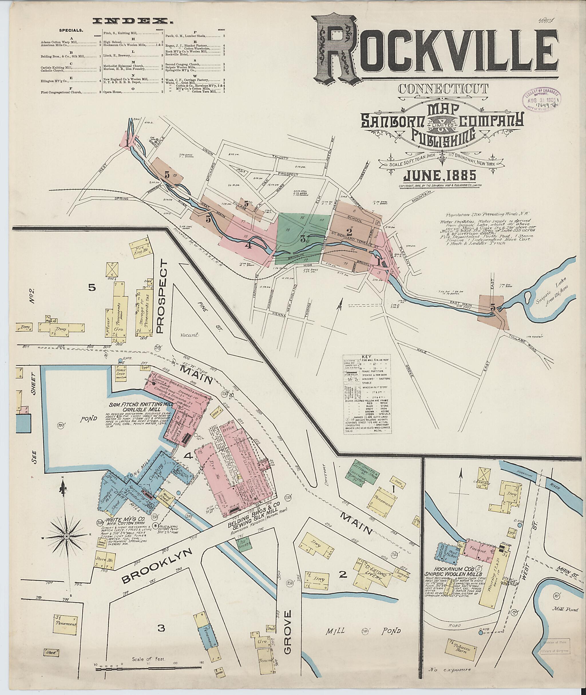 This old map of Rockville, Tolland County, Connecticut was created by Sanborn Map Company in 1885