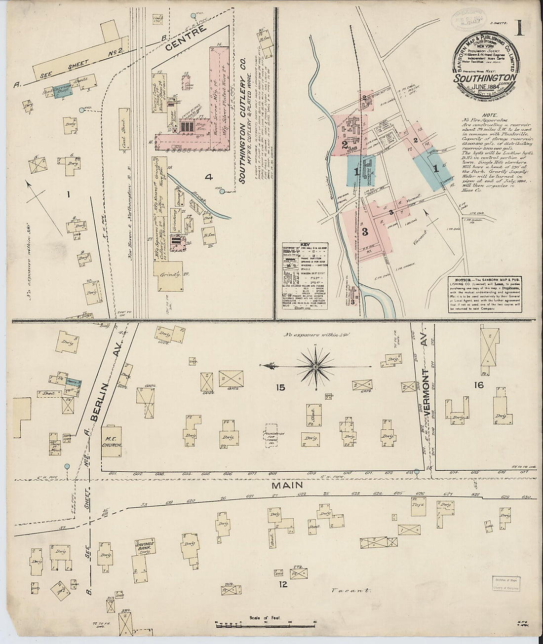 This old map of Southington, Hartford County, Connecticut was created by Sanborn Map Company in 1884
