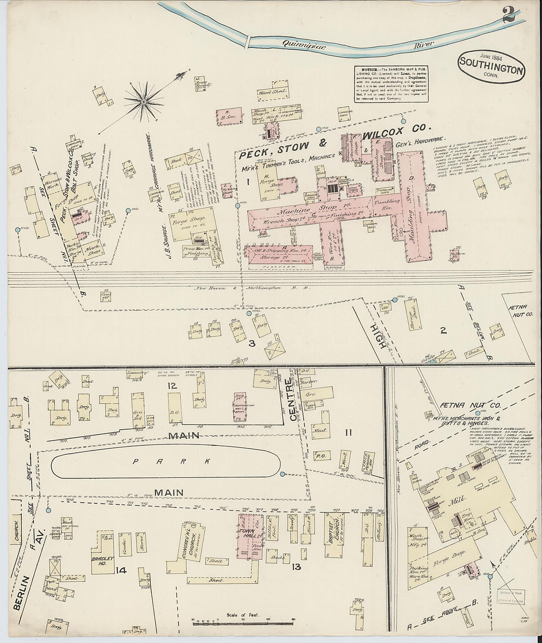 This old map of Southington, Hartford County, Connecticut was created by Sanborn Map Company in 1884