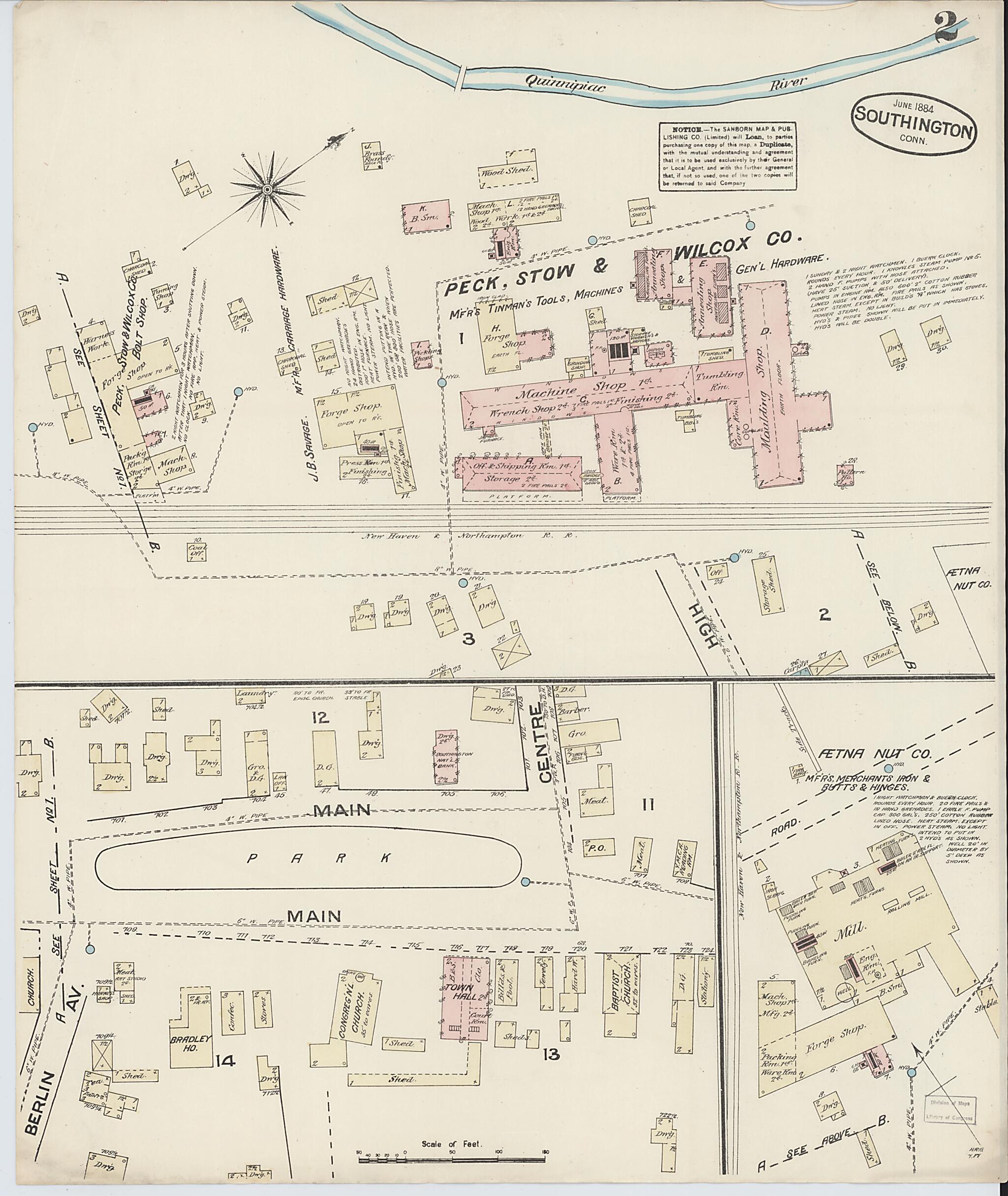 This old map of Southington, Hartford County, Connecticut was created by Sanborn Map Company in 1884