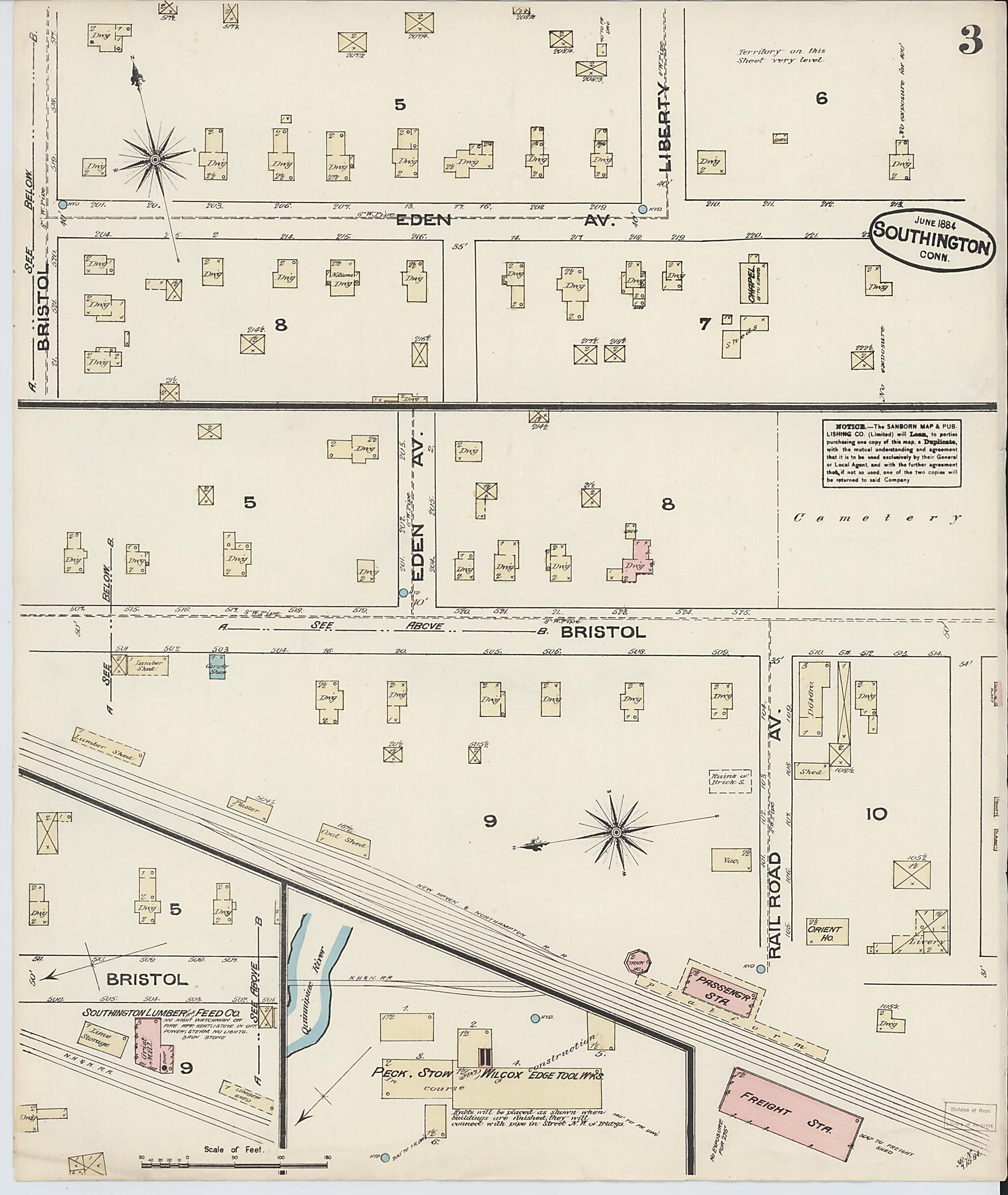 This old map of Southington, Hartford County, Connecticut was created by Sanborn Map Company in 1884