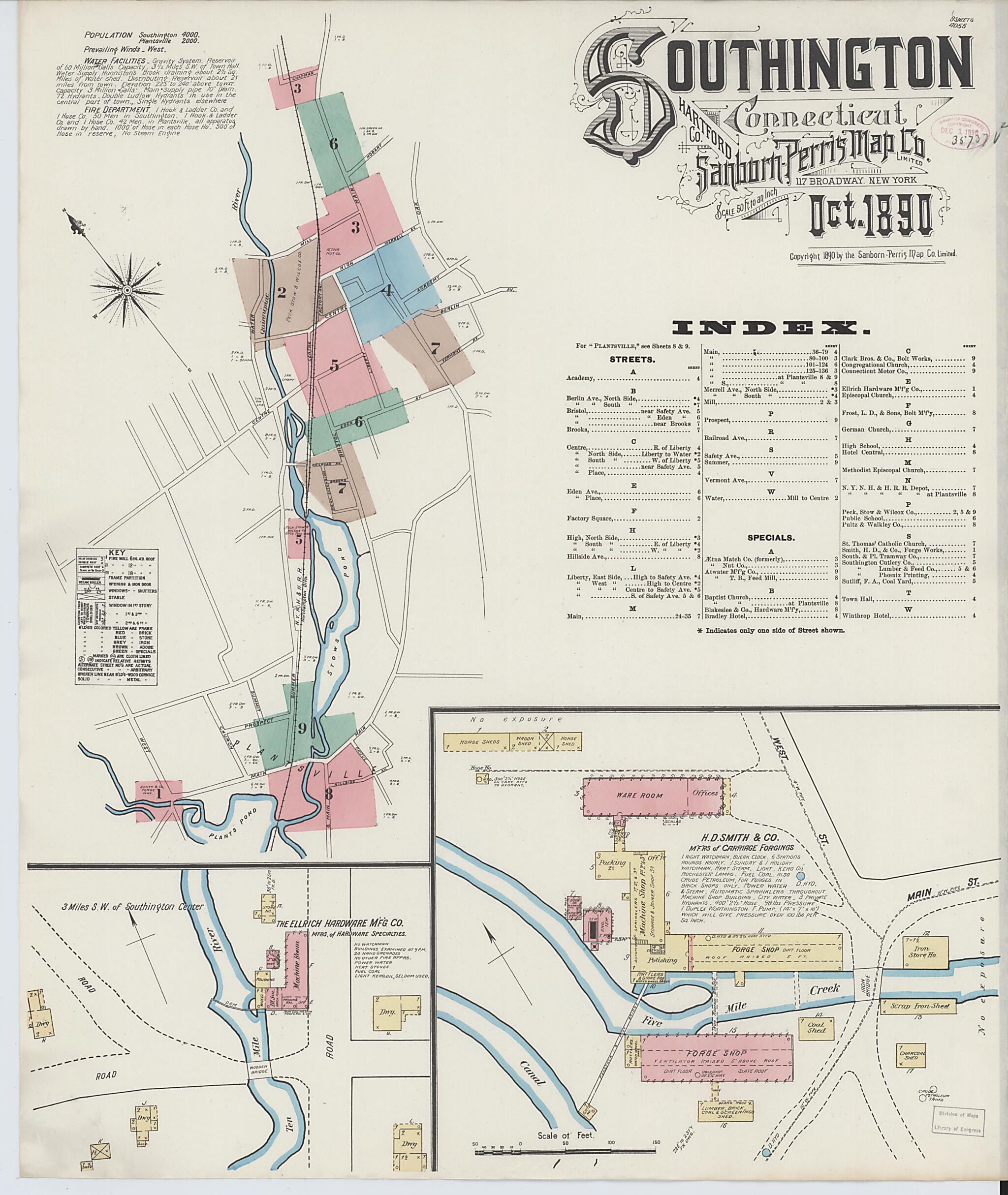 This old map of Southington, Hartford County, Connecticut was created by Sanborn Map Company in 1890