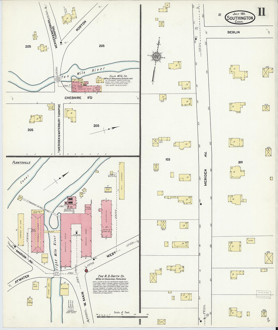 This old map of Southington, Hartford County, Connecticut was created by Sanborn Map Company in 1911