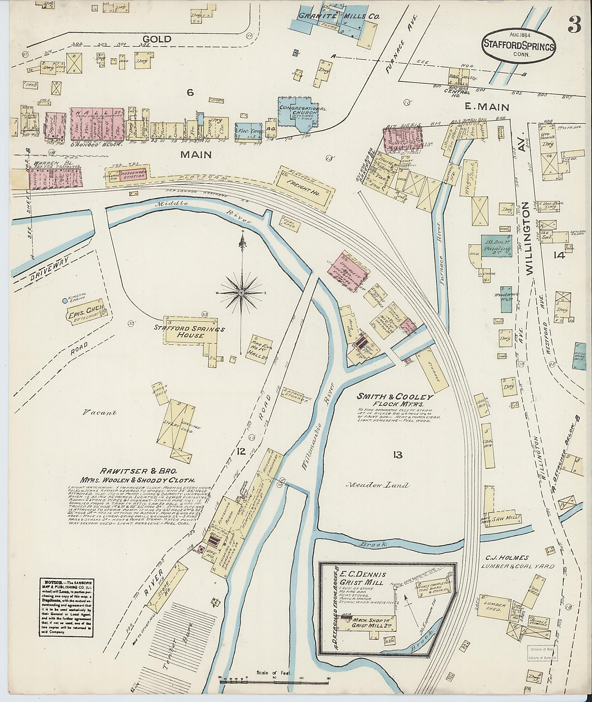 This old map of Stafford Springs, Tolland County, Connecticut was created by Sanborn Map Company in 1884