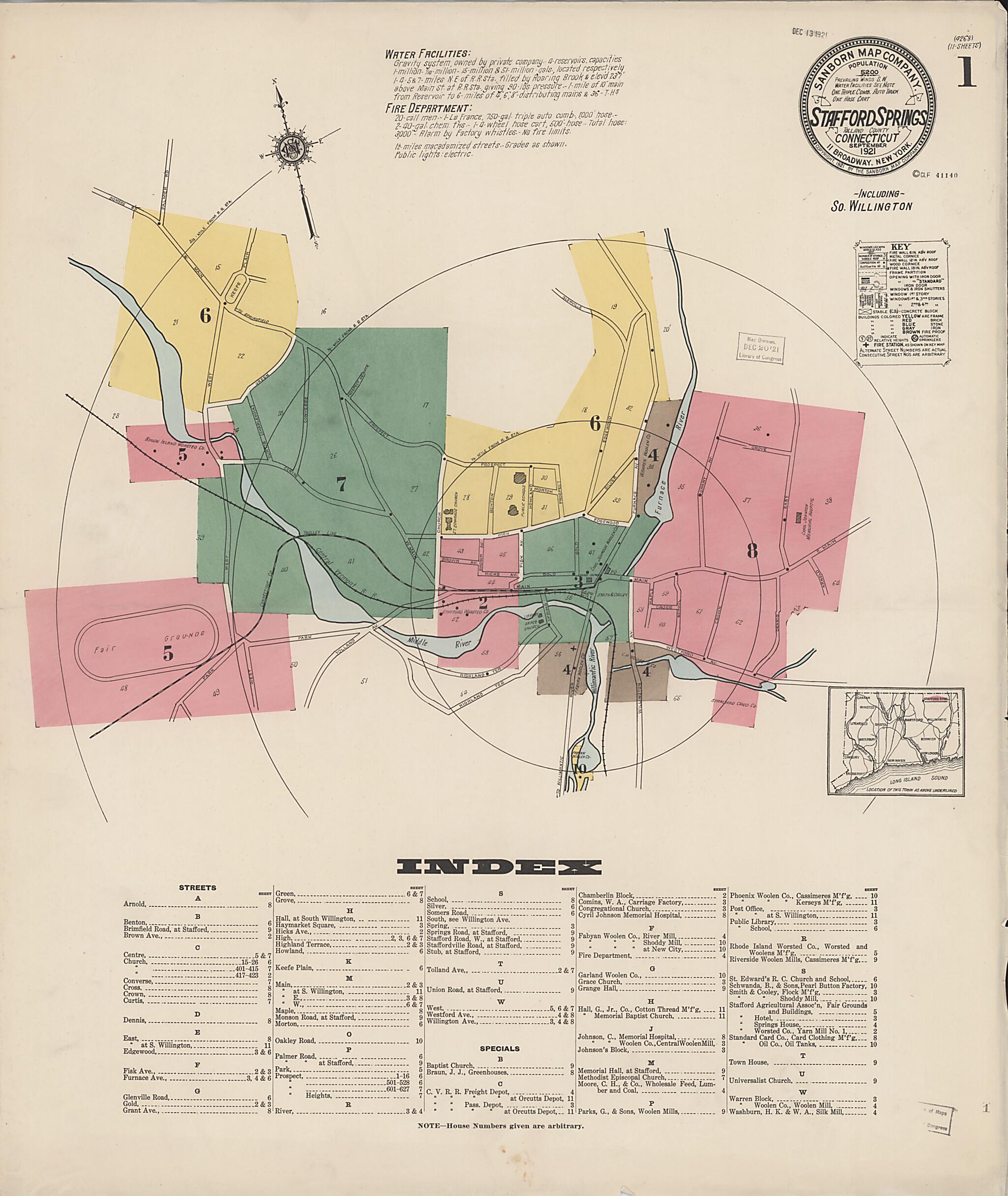This old map of Stafford Springs, Tolland County, Connecticut was created by Sanborn Map Company in 1921