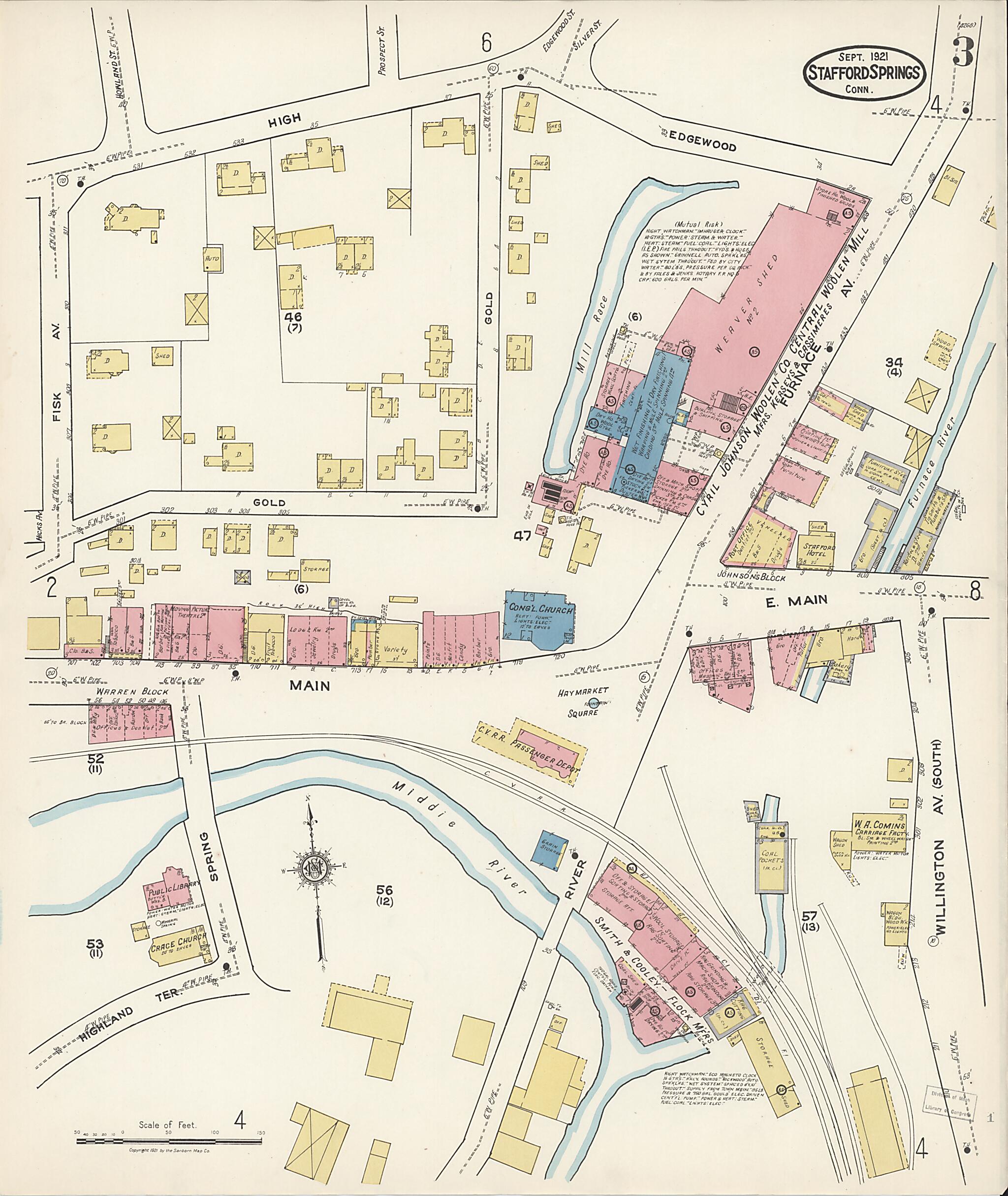 This old map of Stafford Springs, Tolland County, Connecticut was created by Sanborn Map Company in 1921