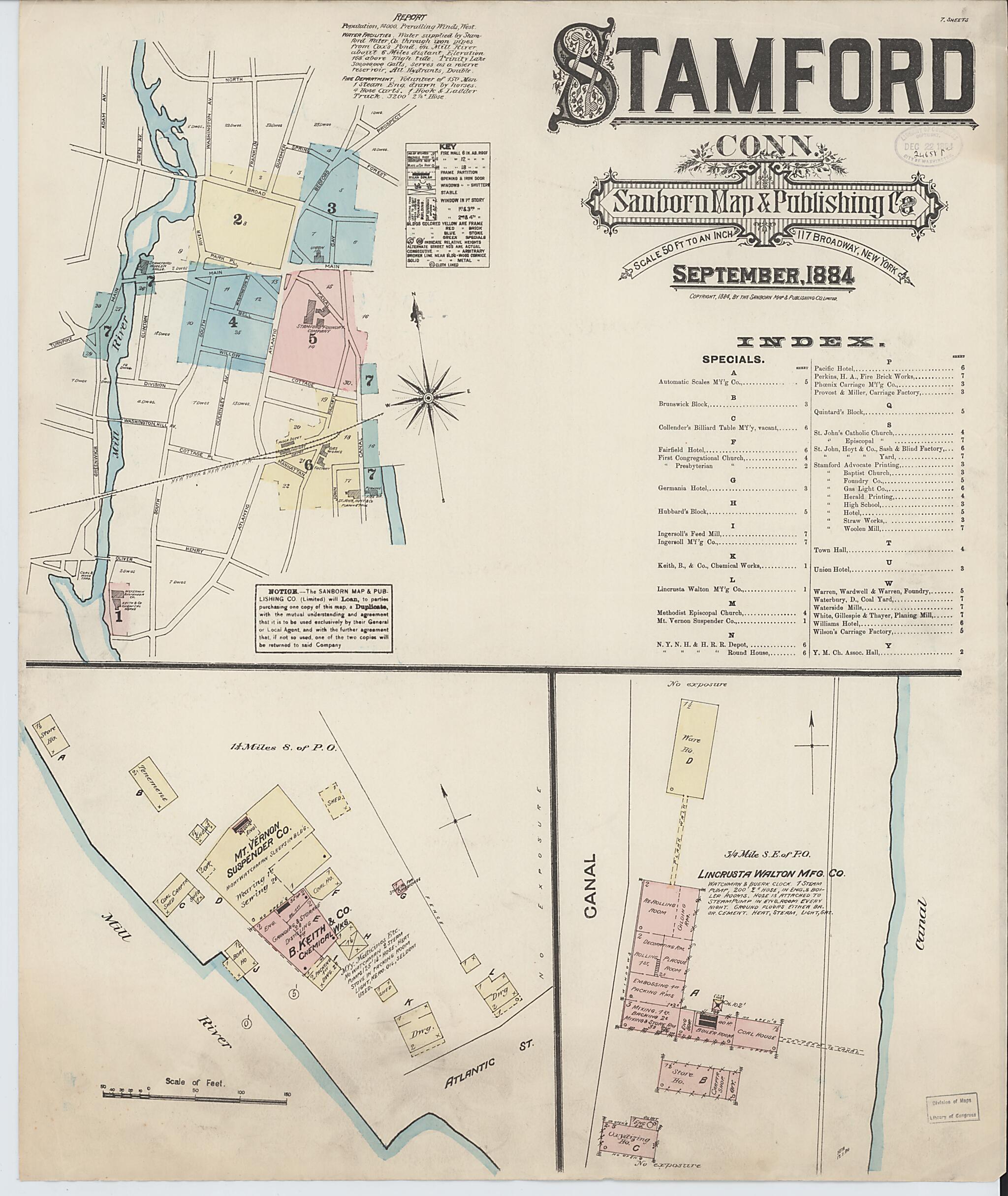 This old map of Stamford, Fairfield County, Connecticut was created by Sanborn Map Company in 1884