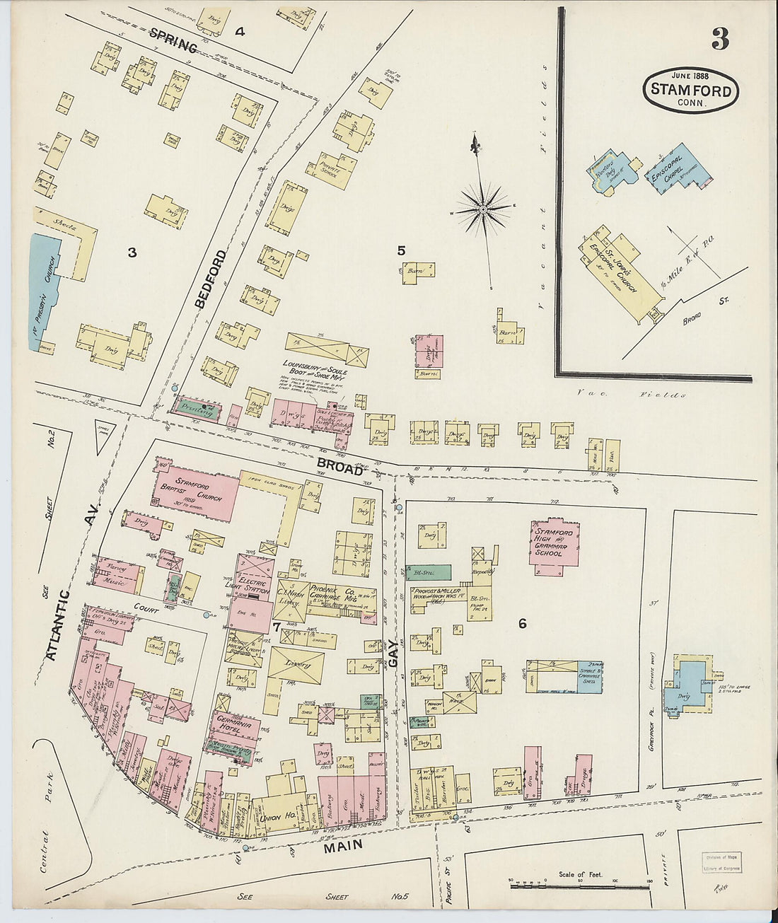 This old map of Stamford, Fairfield County, Connecticut was created by Sanborn Map Company in 1888