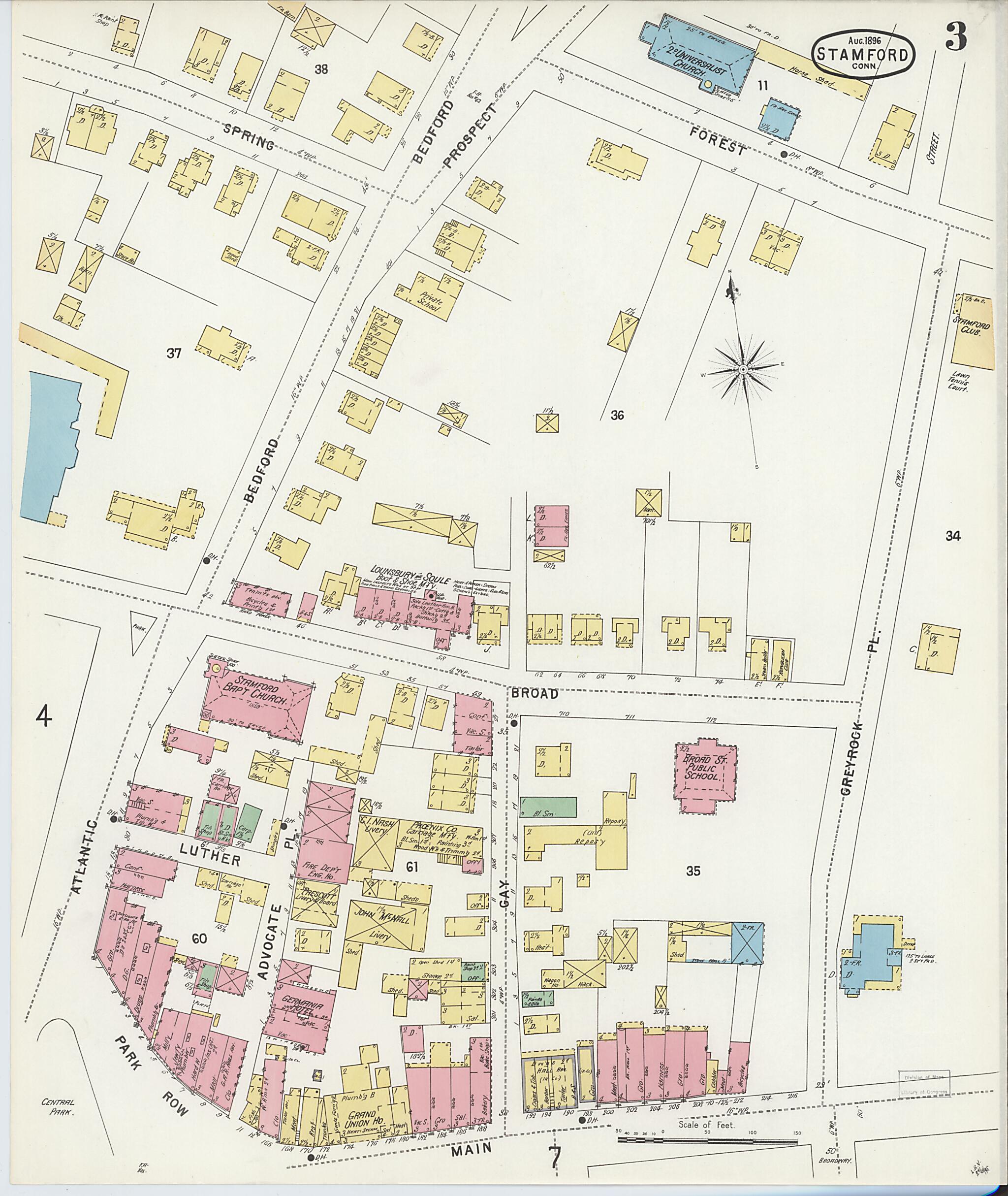 This old map of Stamford, Fairfield County, Connecticut was created by Sanborn Map Company in 1896