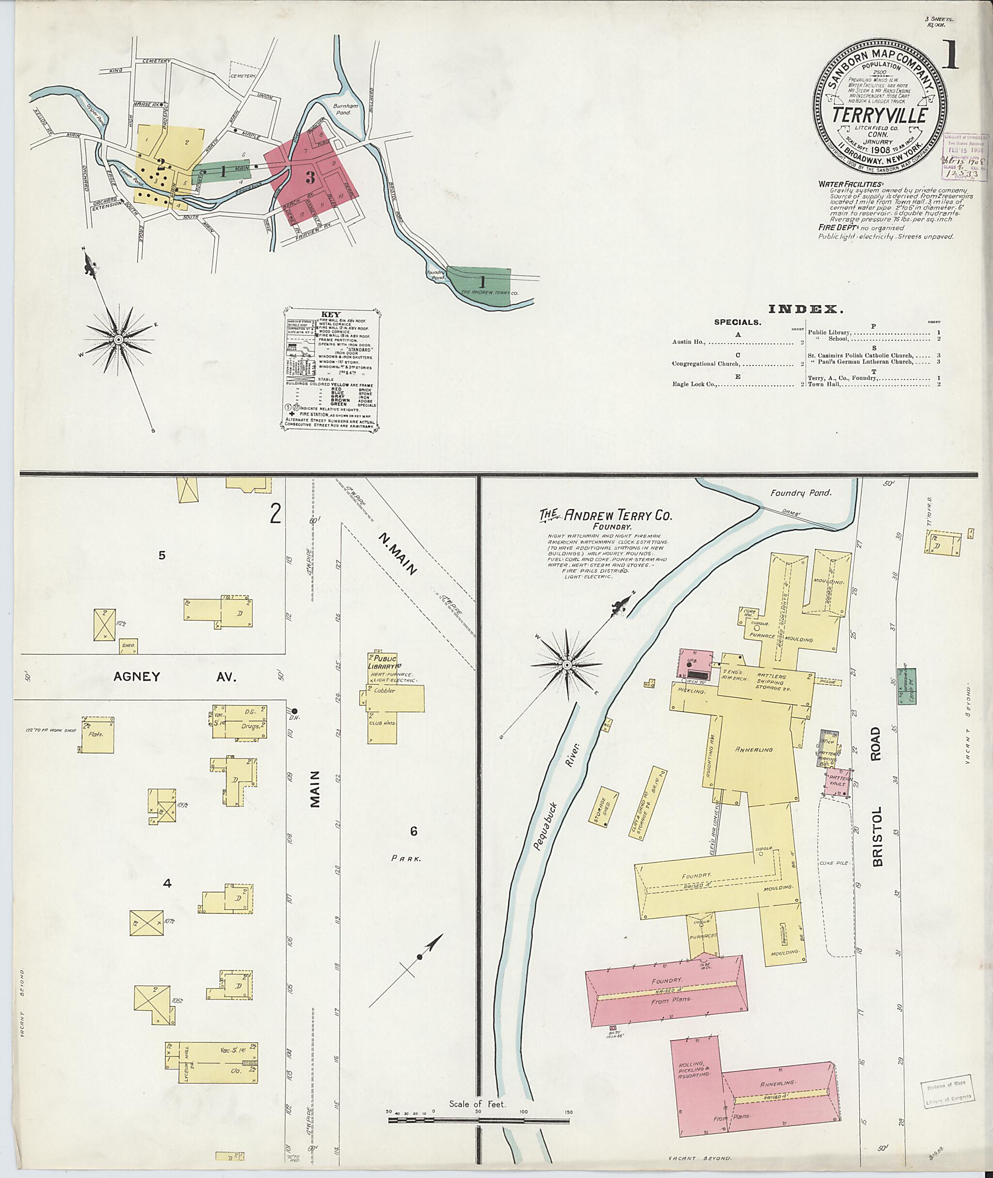 This old map of Terryville, Litchfield County, Connecticut was created by Sanborn Map Company in 1908