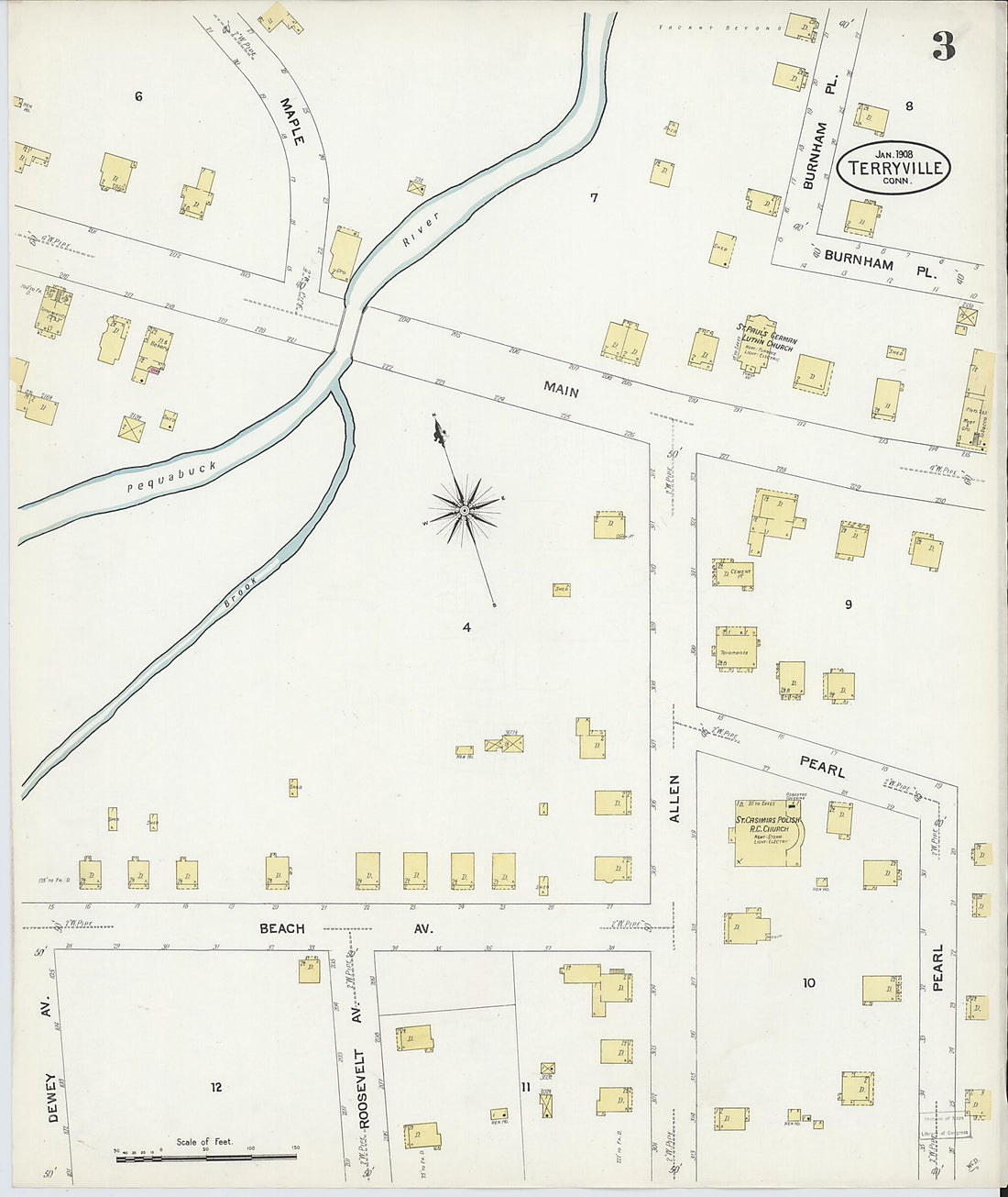 This old map of Terryville, Litchfield County, Connecticut was created by Sanborn Map Company in 1908