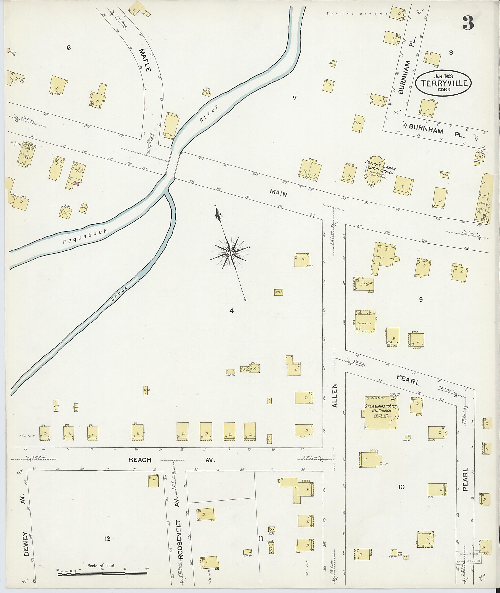 This old map of Terryville, Litchfield County, Connecticut was created by Sanborn Map Company in 1908