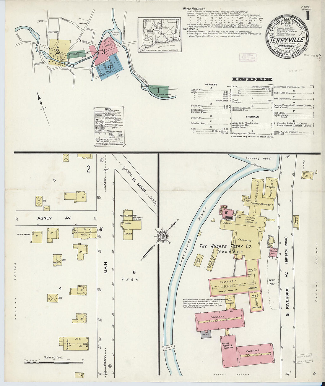 This old map of Terryville, Litchfield County, Connecticut was created by Sanborn Map Company in 1913