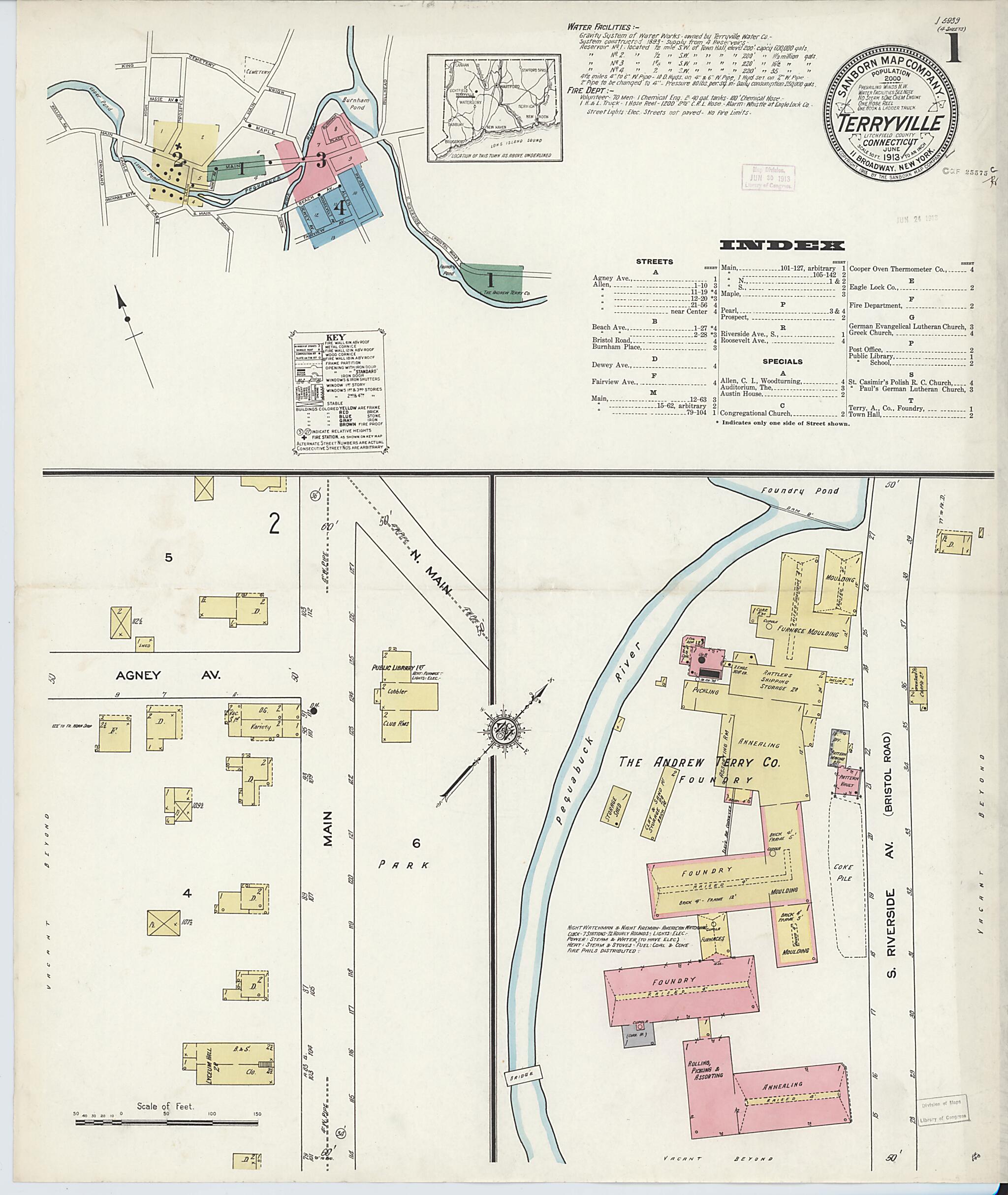 This old map of Terryville, Litchfield County, Connecticut was created by Sanborn Map Company in 1913