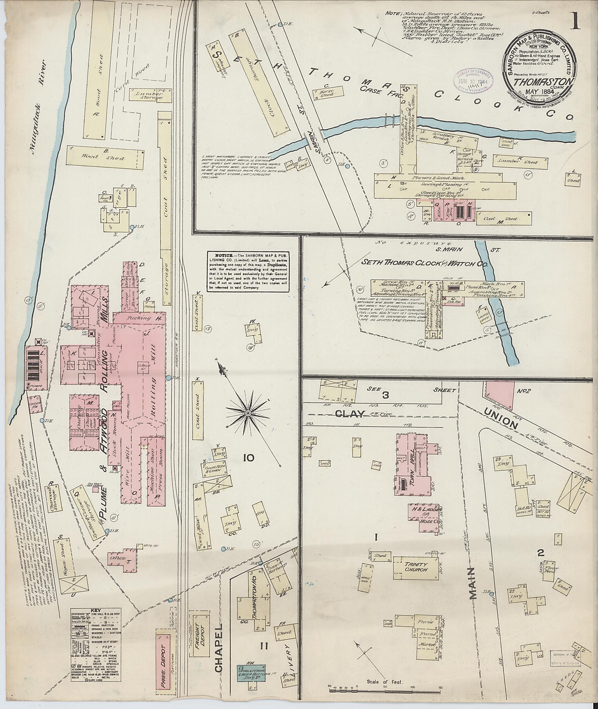 This old map of Thomaston, Litchfield County, Connecticut was created by Sanborn Map Company in 1884