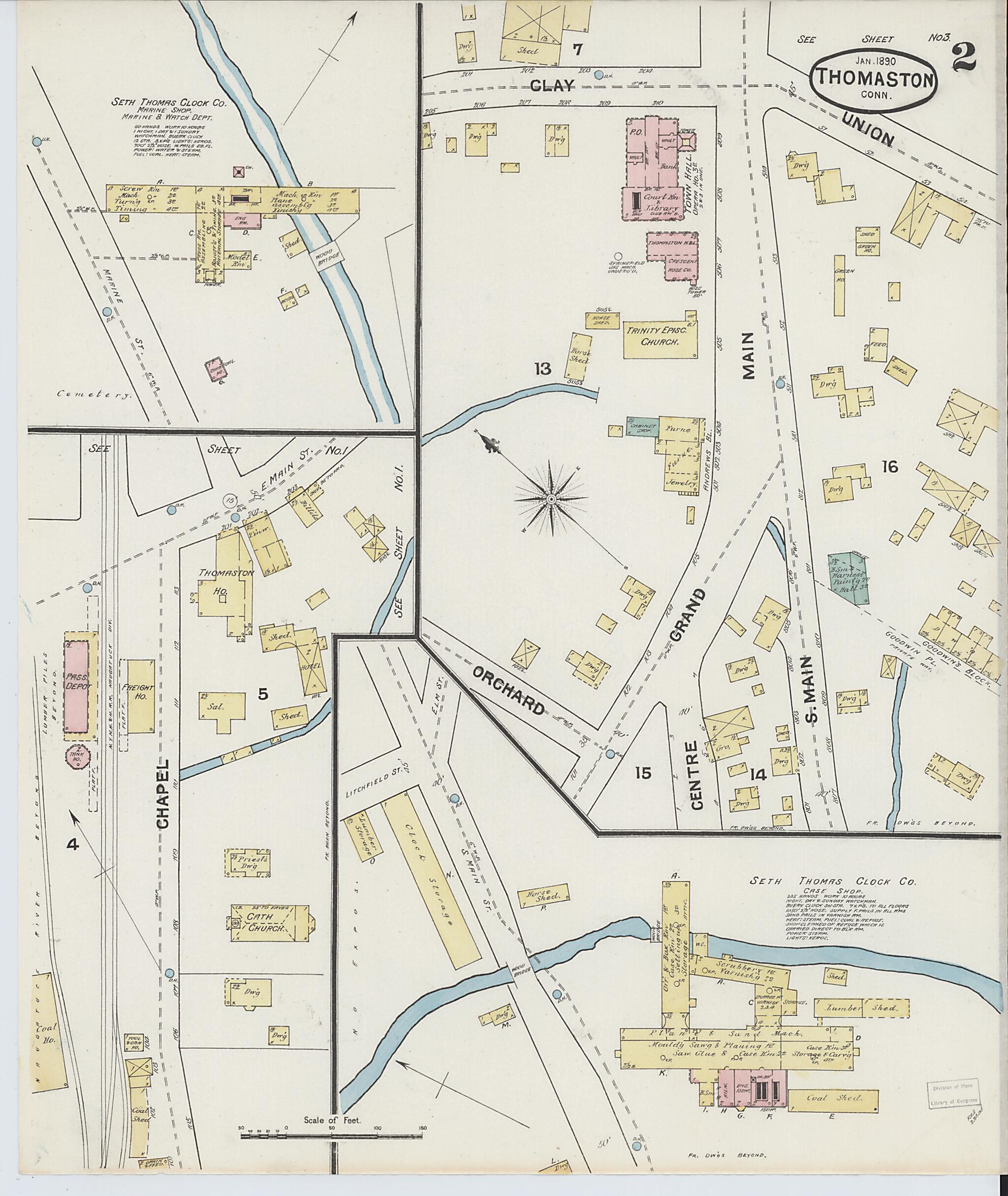 This old map of Thomaston, Litchfield County, Connecticut was created by Sanborn Map Company in 1890