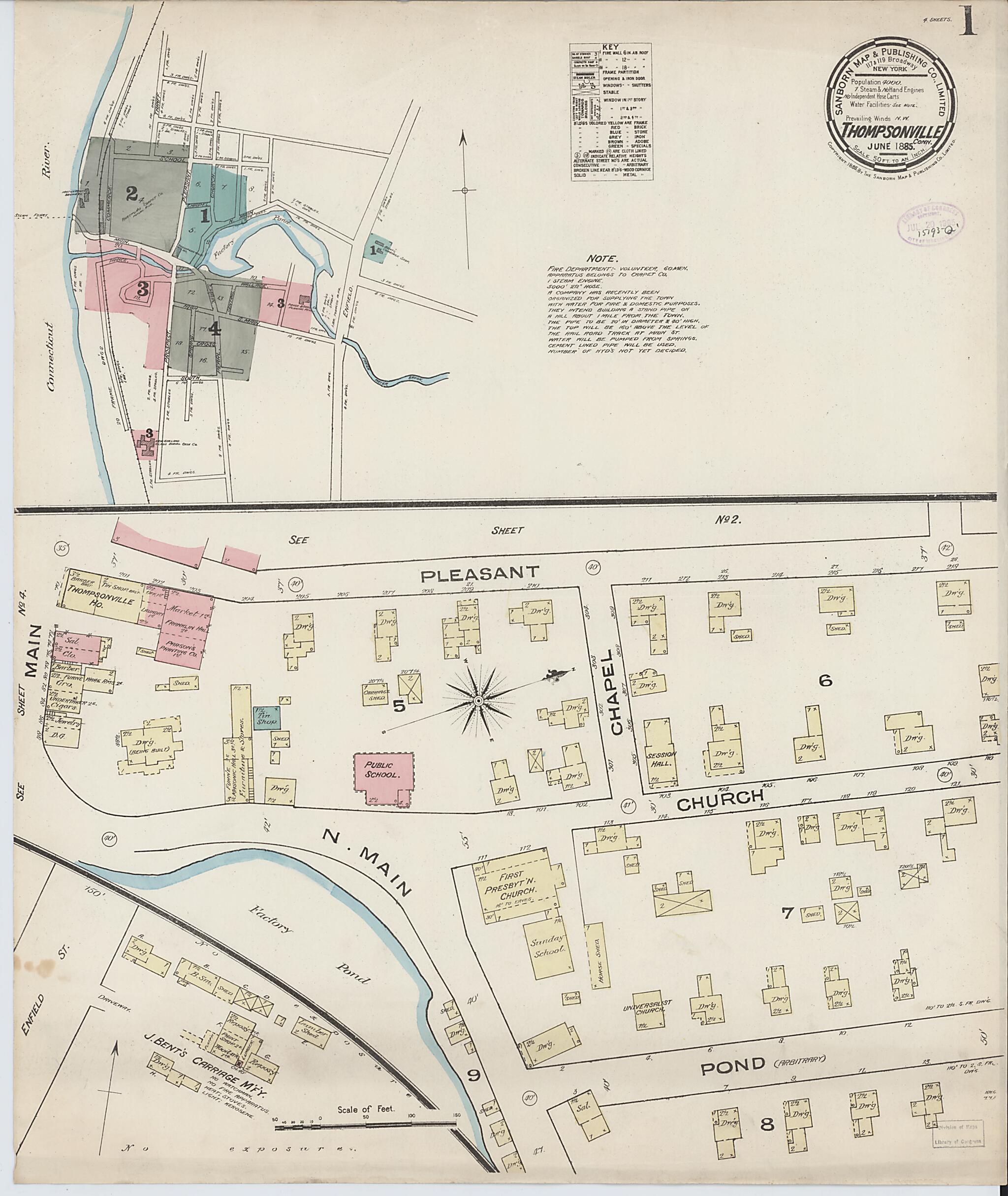 This old map of Thompsonville, Hartford County, Connecticut was created by Sanborn Map Company in 1885