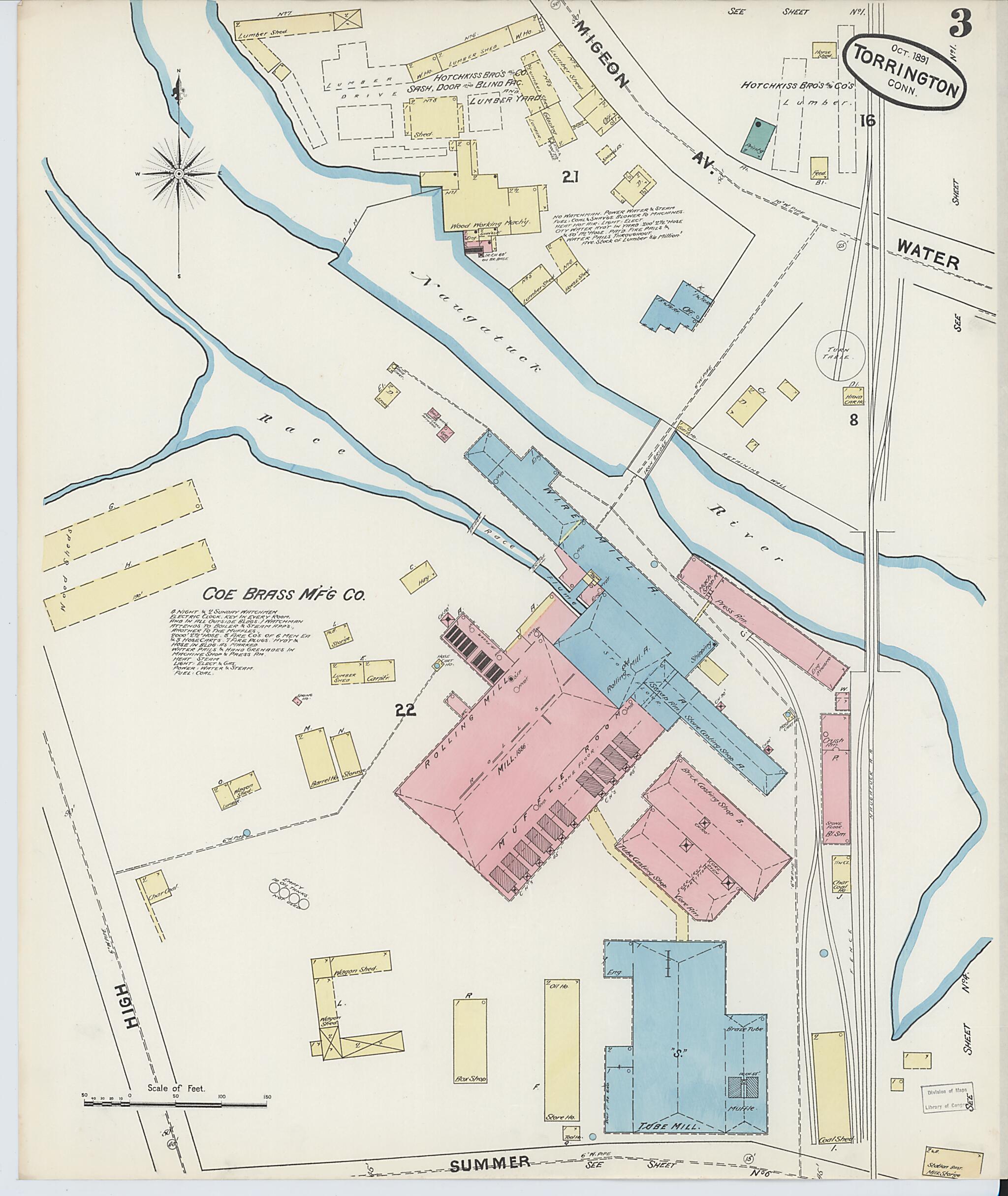 This old map of Torrington, Litchfield County, Connecticut was created by Sanborn Map Company in 1891