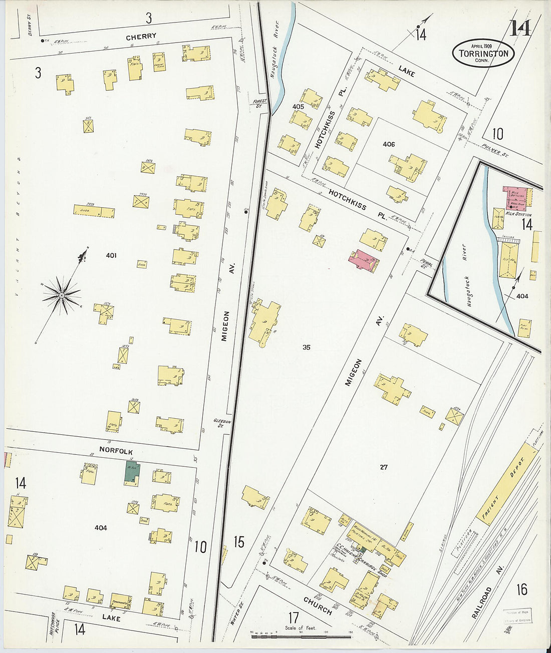 This old map of Torrington, Litchfield County, Connecticut was created by Sanborn Map Company in 1909
