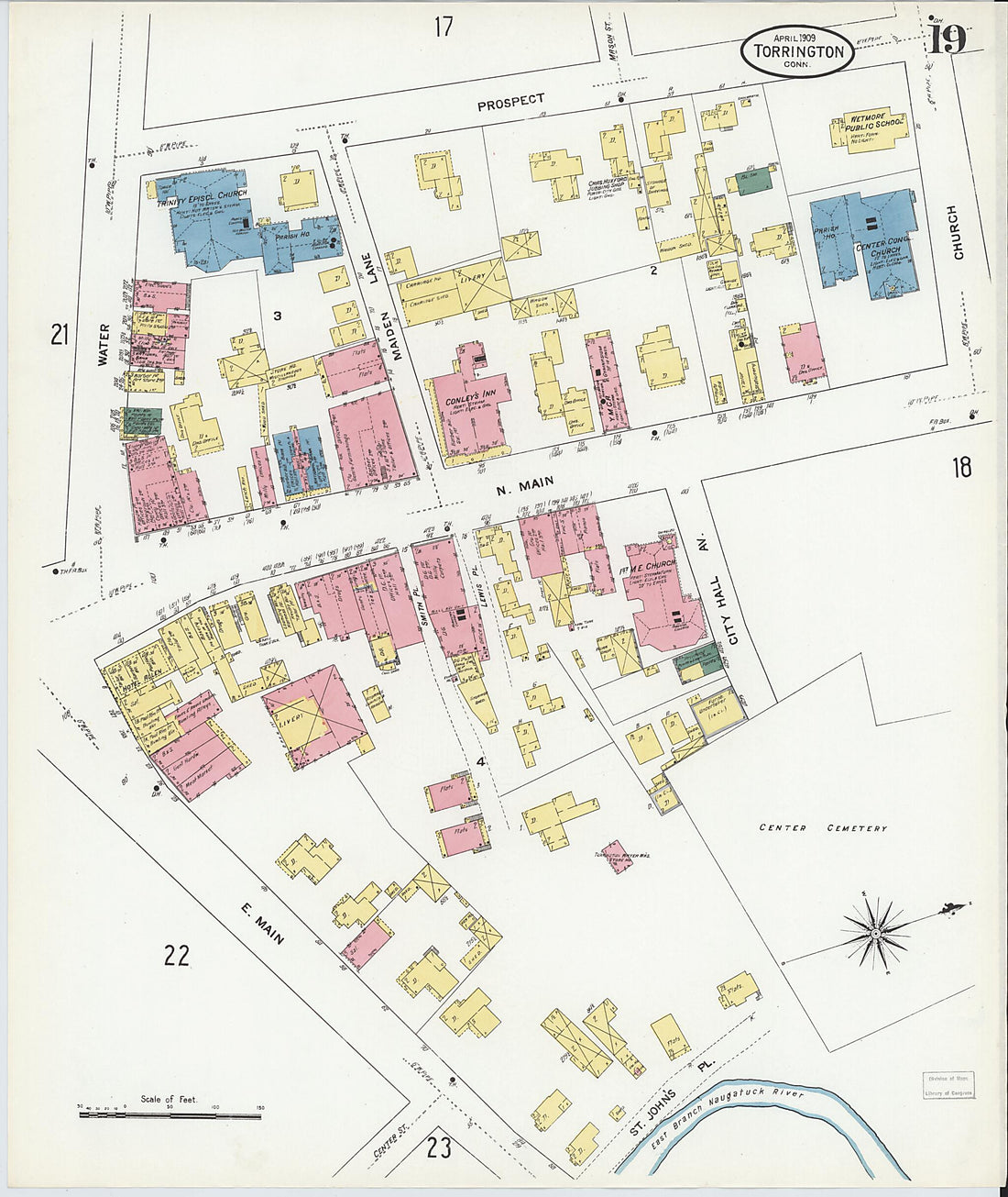 This old map of Torrington, Litchfield County, Connecticut was created by Sanborn Map Company in 1909