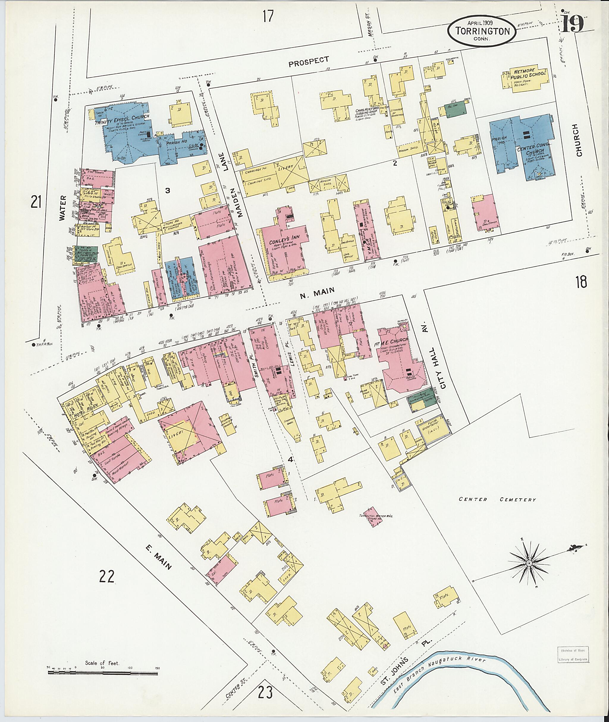 This old map of Torrington, Litchfield County, Connecticut was created by Sanborn Map Company in 1909