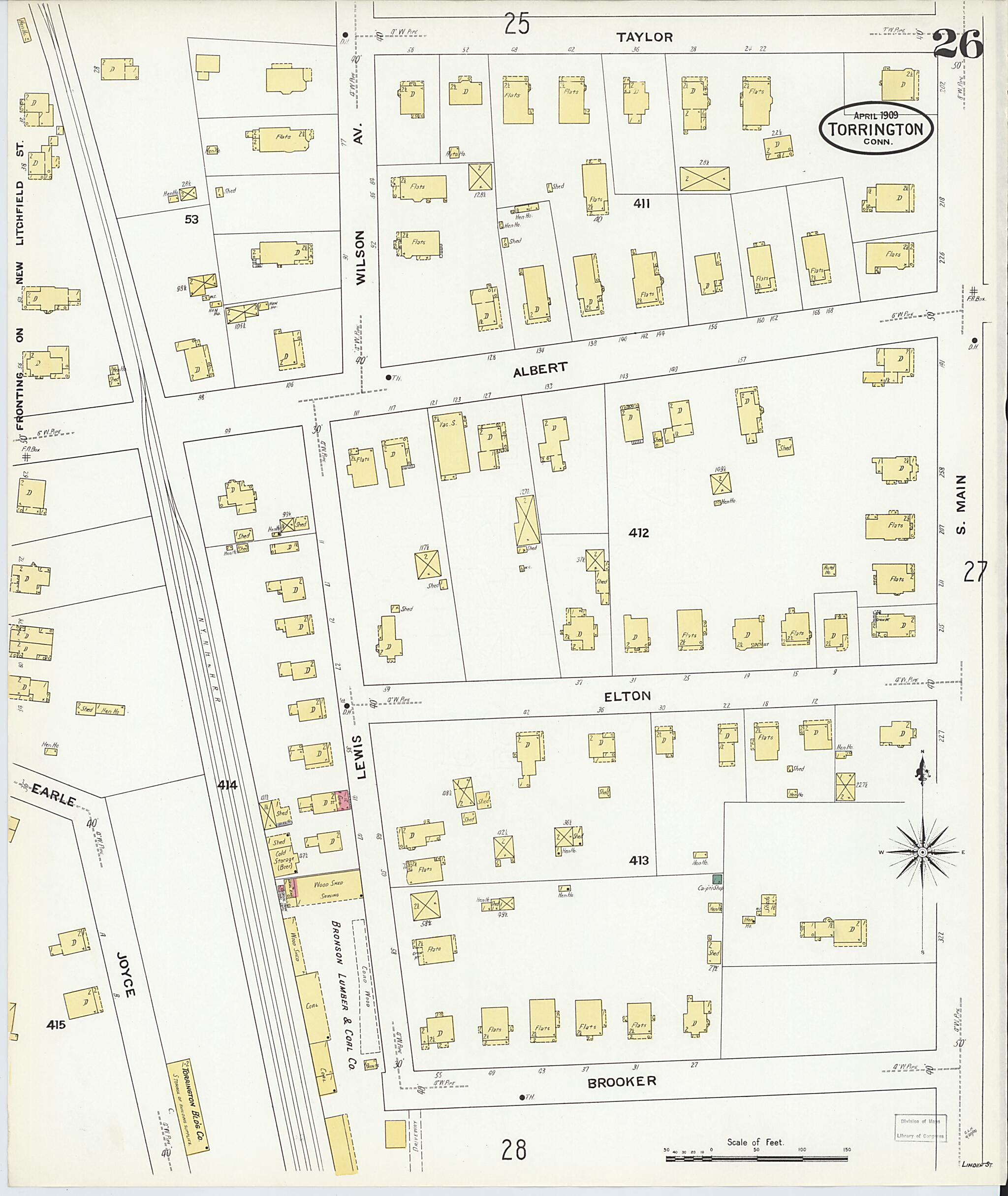 This old map of Torrington, Litchfield County, Connecticut was created by Sanborn Map Company in 1909