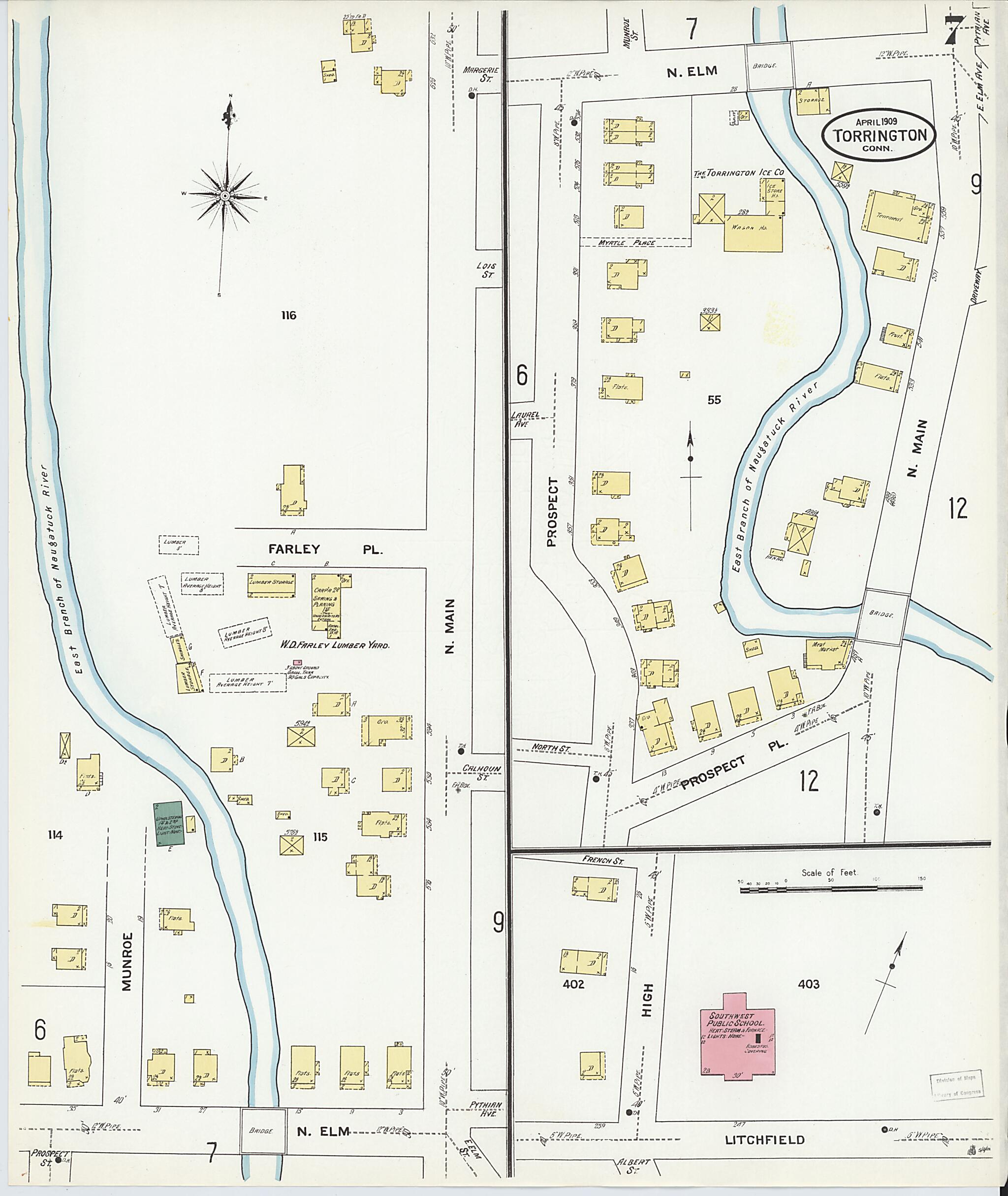 This old map of Torrington, Litchfield County, Connecticut was created by Sanborn Map Company in 1909