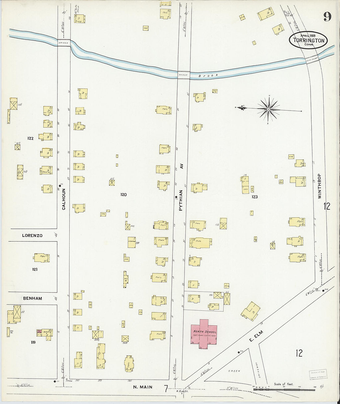 This old map of Torrington, Litchfield County, Connecticut was created by Sanborn Map Company in 1909