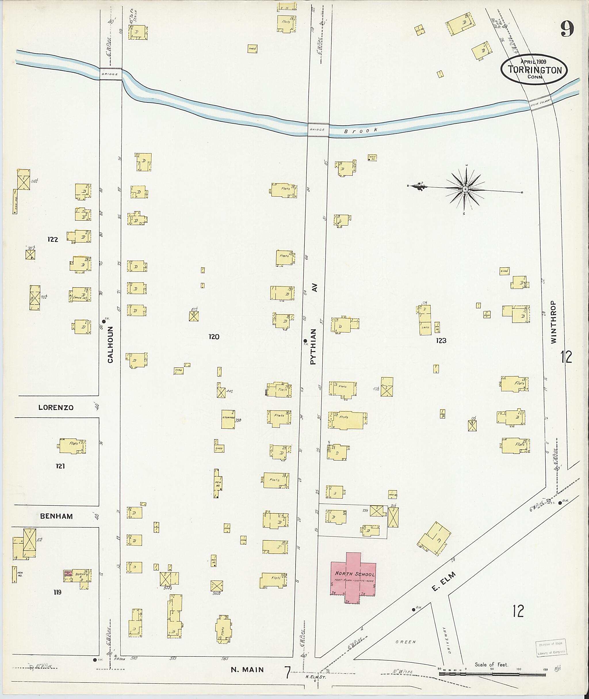 This old map of Torrington, Litchfield County, Connecticut was created by Sanborn Map Company in 1909