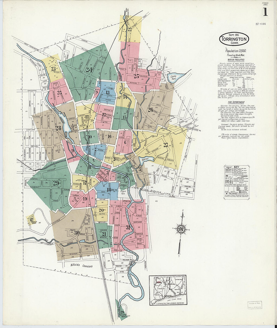 This old map of Torrington, Litchfield County, Connecticut was created by Sanborn Map Company in 1915