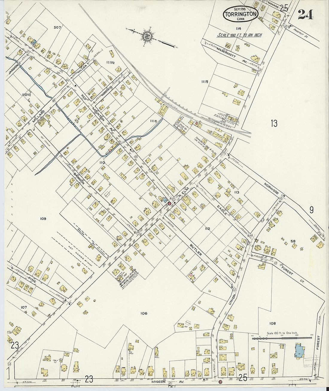 This old map of Torrington, Litchfield County, Connecticut was created by Sanborn Map Company in 1915