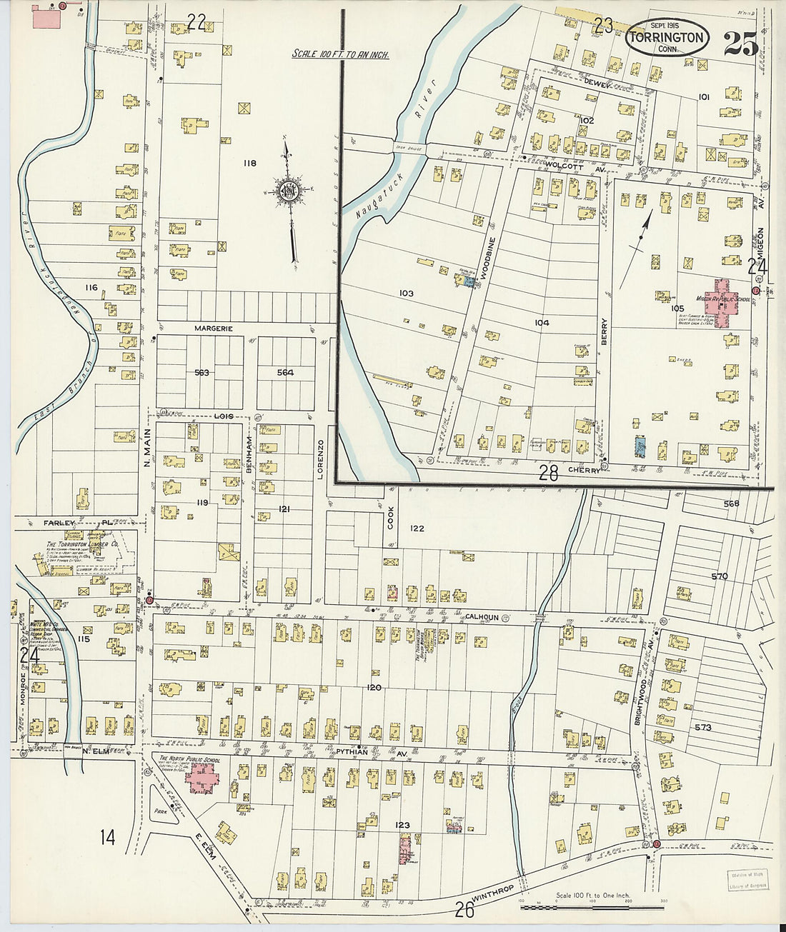 This old map of Torrington, Litchfield County, Connecticut was created by Sanborn Map Company in 1915