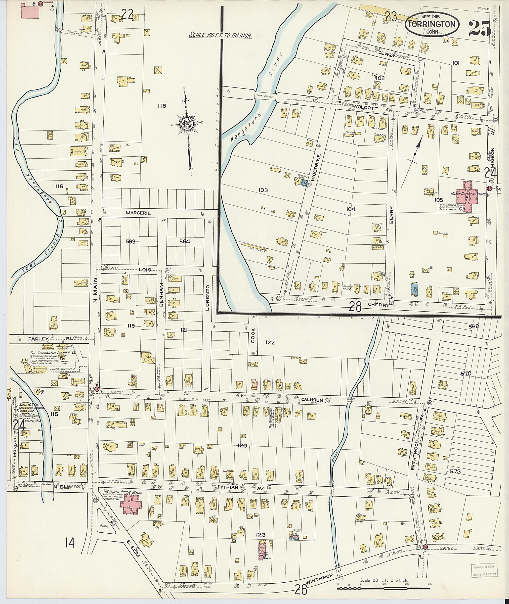 This old map of Torrington, Litchfield County, Connecticut was created by Sanborn Map Company in 1915