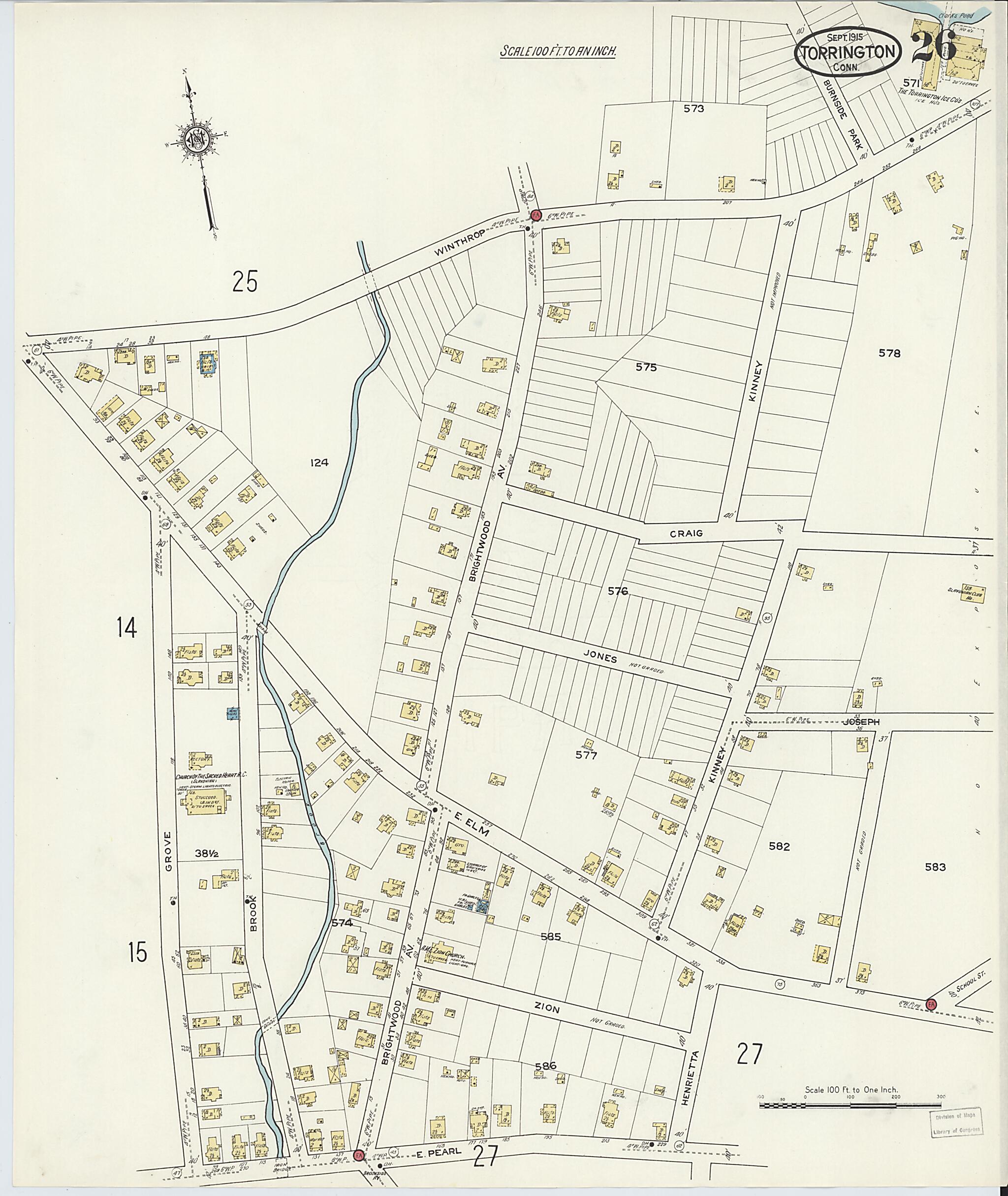 This old map of Torrington, Litchfield County, Connecticut was created by Sanborn Map Company in 1915