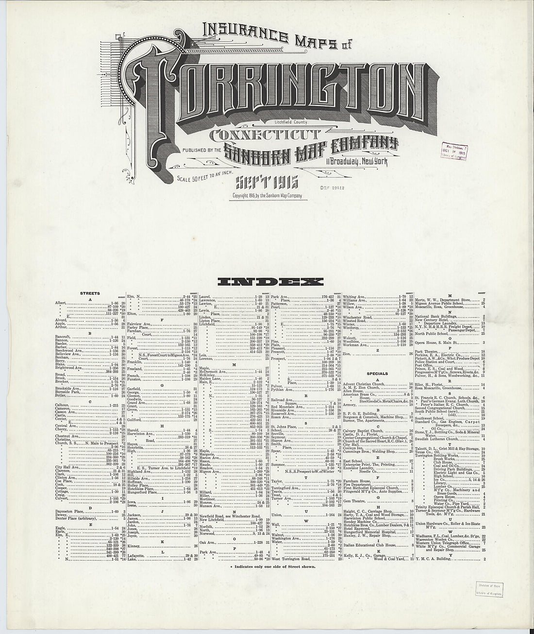 This old map of Torrington, Litchfield County, Connecticut was created by Sanborn Map Company in 1915